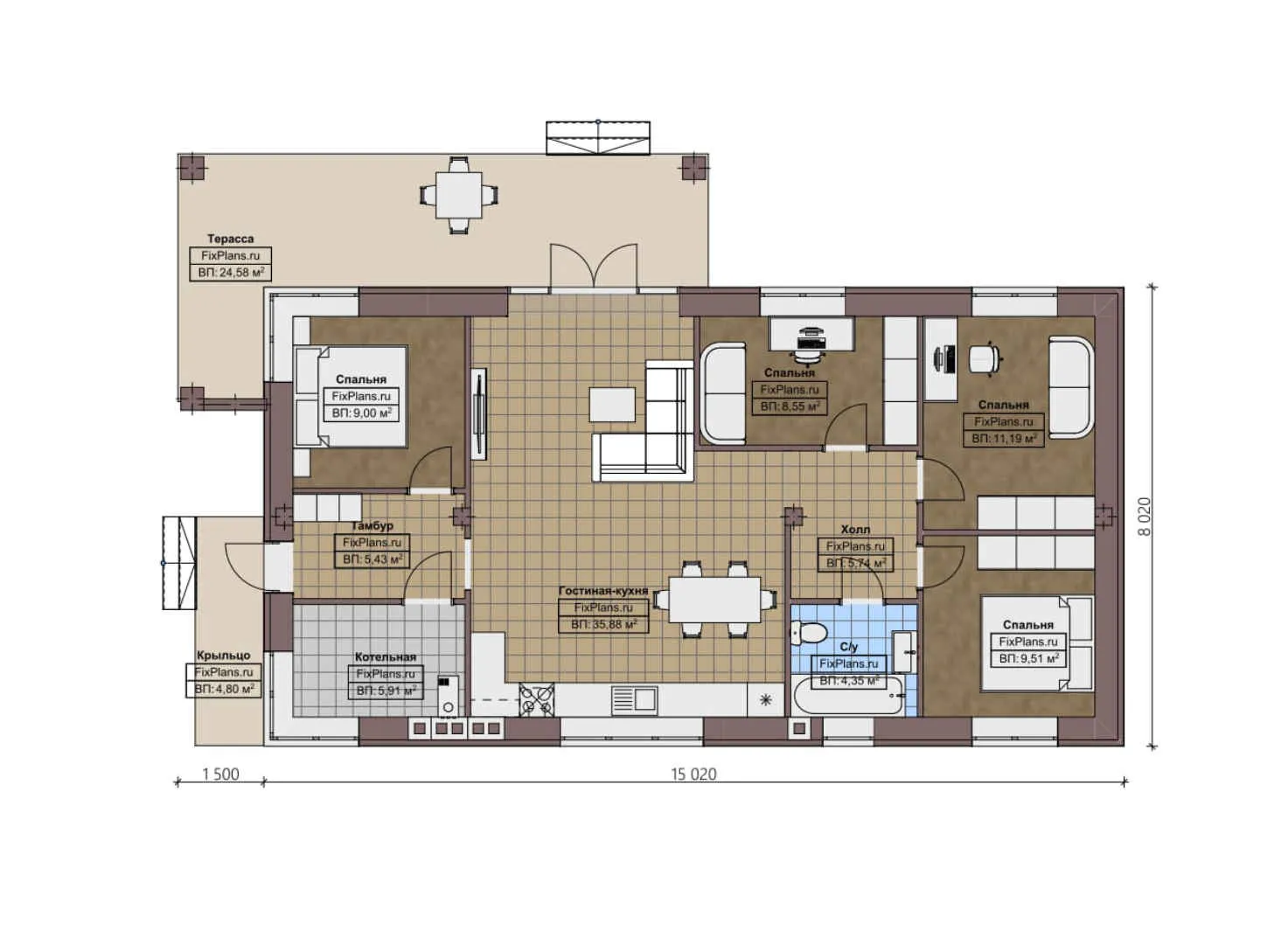 F-1934 - План одноэтажного дома 9 на 16, площадью 130 м² с террасой и 4 спальнями