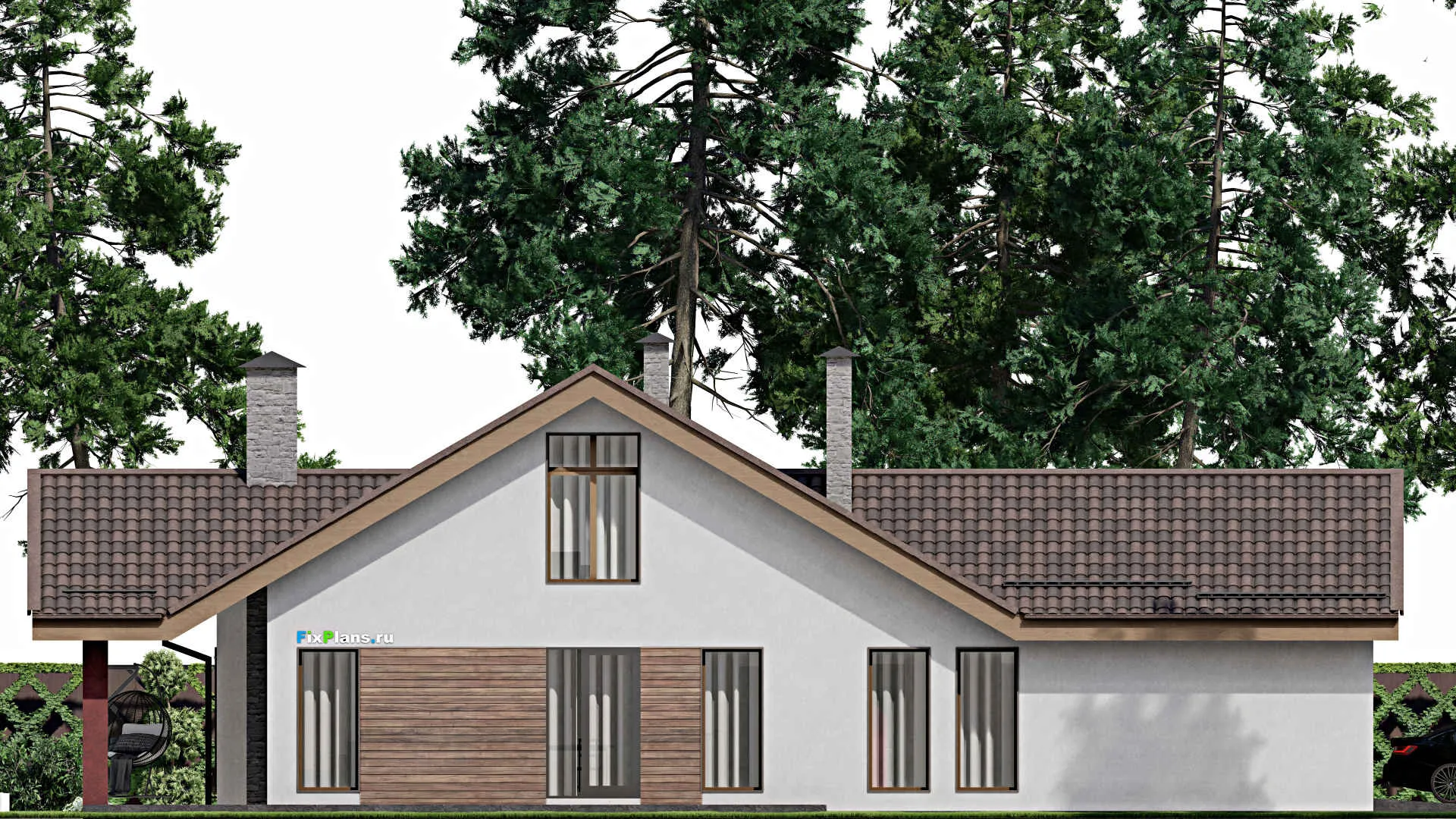 F-7172 - Проект дома с мансардой 14 на 19, площадью 330 м² с террасой, гаражом на 2 машины и 3 спальнями