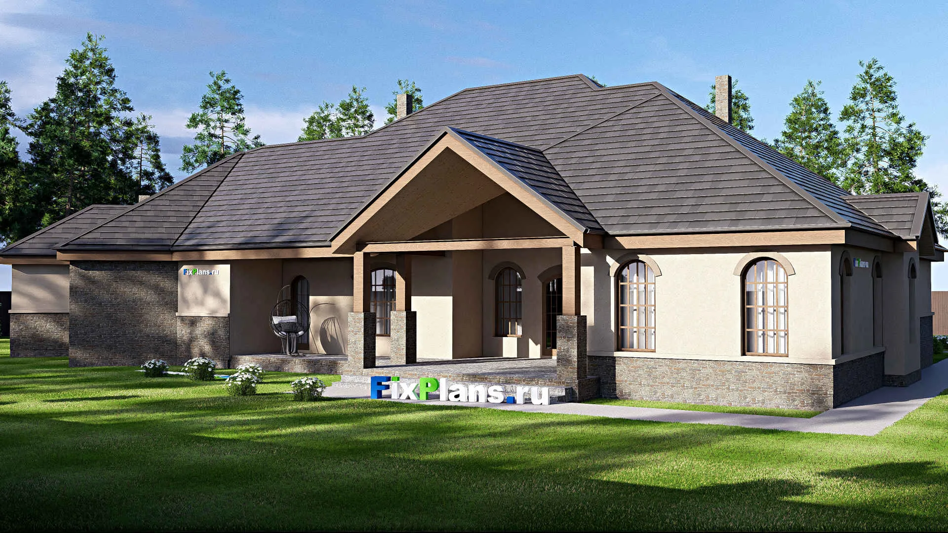 F-17216 - План одноэтажного дома 26 на 35, площадью 460 м² с террасой, гаражом на 2 машины и 3 спальнями