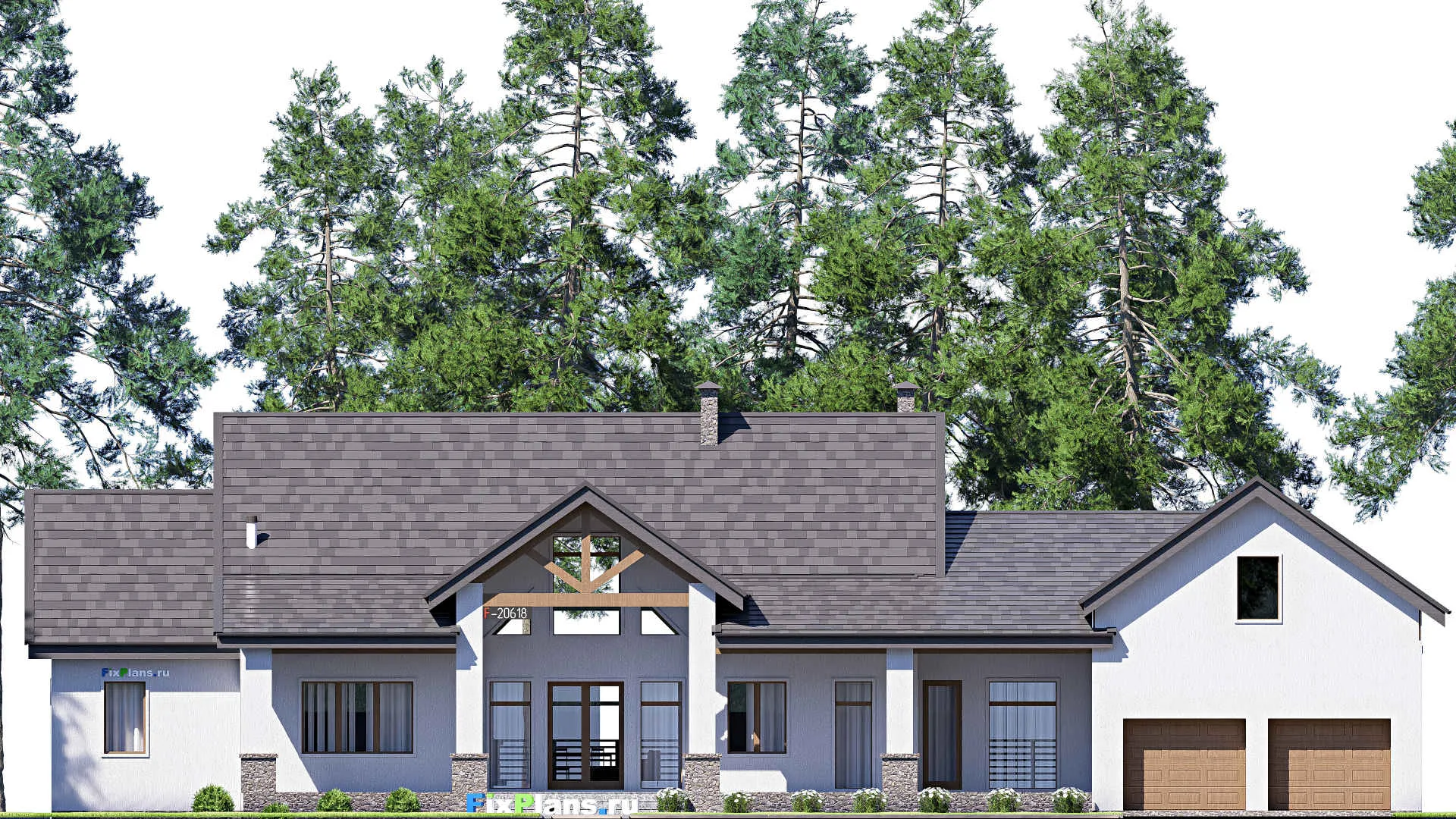 F-20618 - Проект двухэтажного дома 18 на 32, площадью 710 м² с террасой, цокольным этажом, гаражом на 2 машины и 5 спальнями