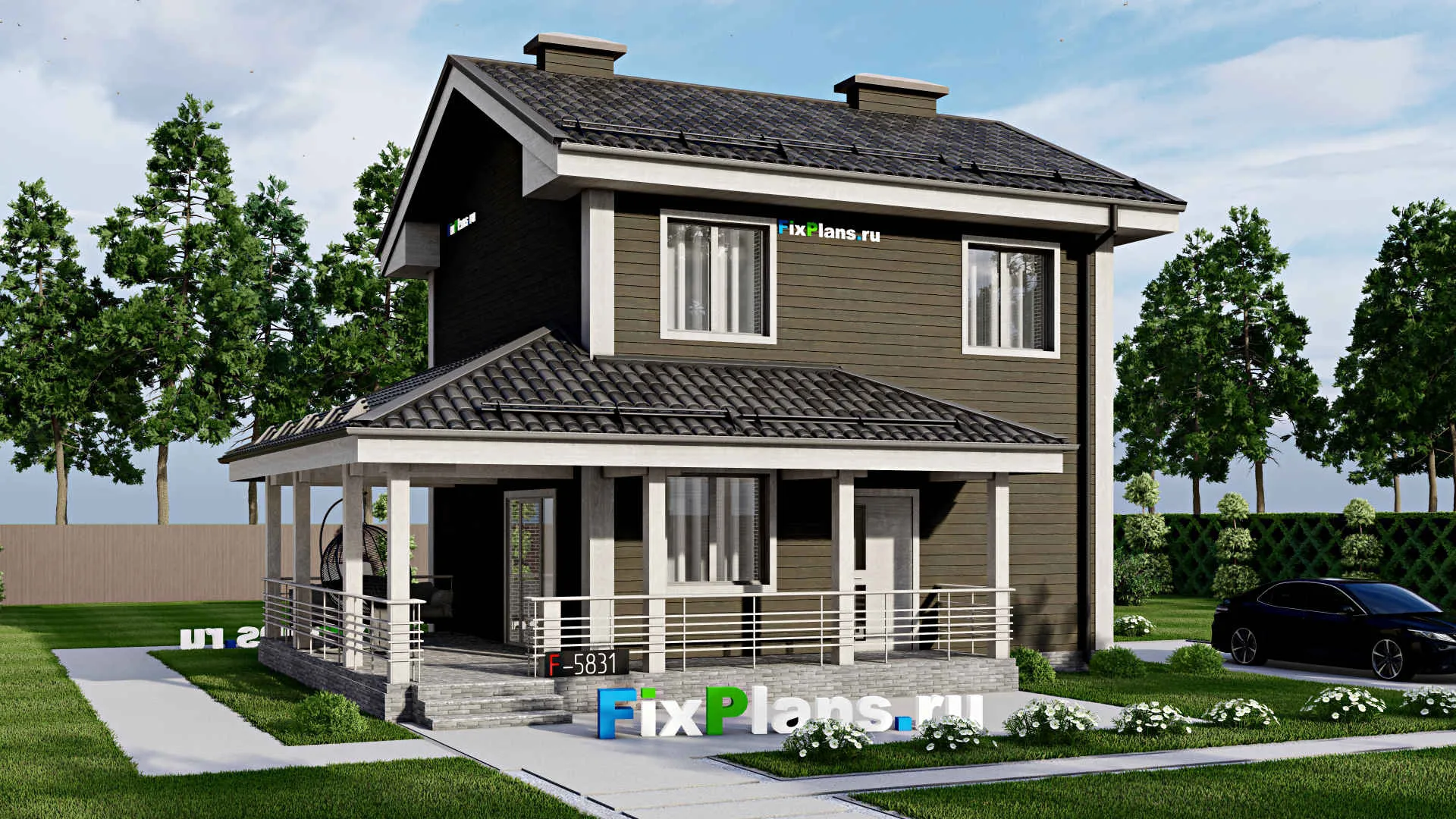 F-5831 - Проект двухэтажного дома 8 на 8, площадью 120 м² с террасой и 2 спальнями