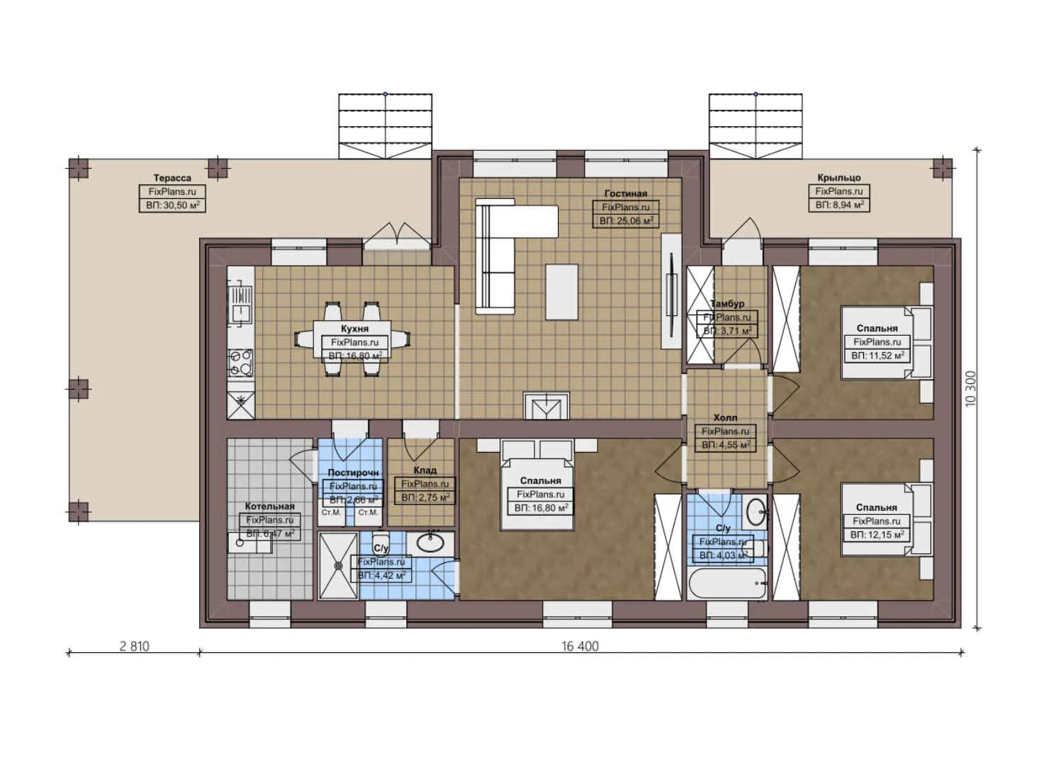 F-2069 - План одноэтажного дома 11 на 17, площадью 150 м² с террасой и 3 спальнями