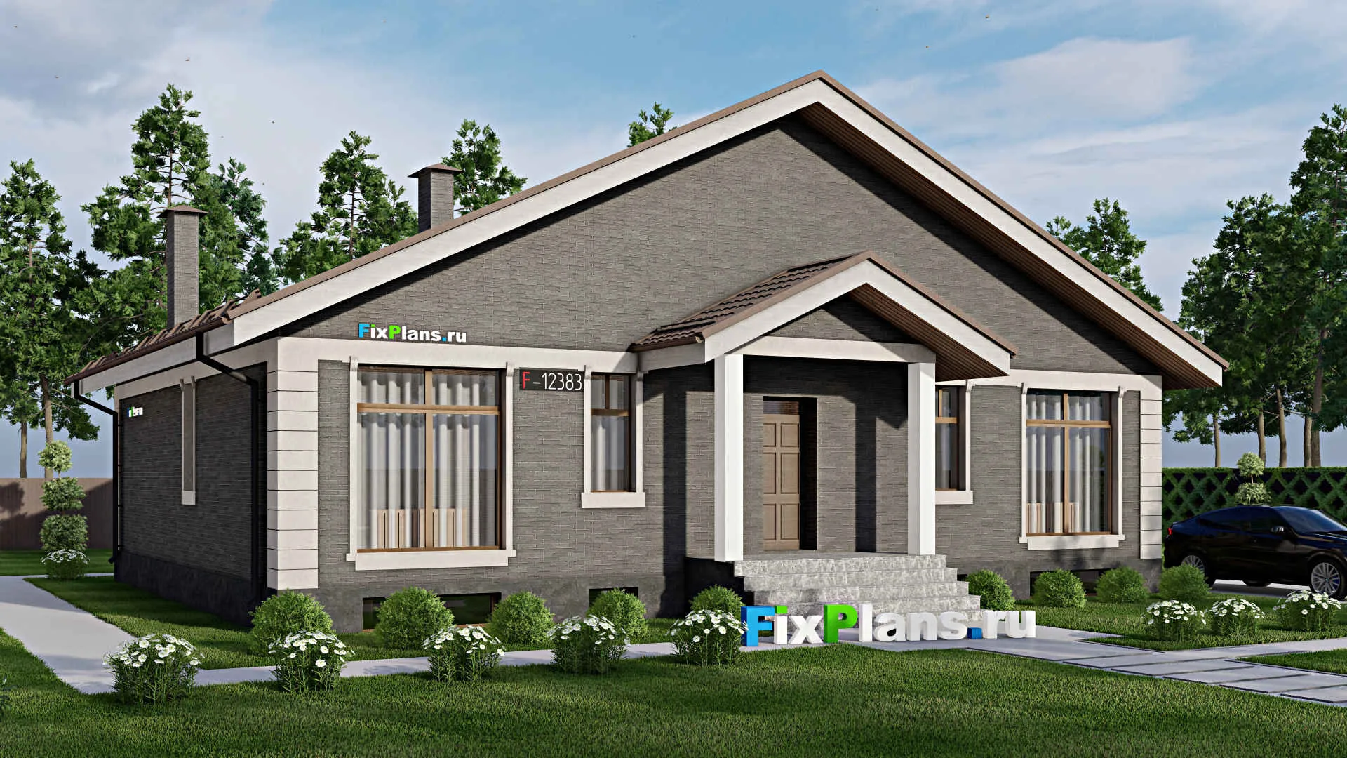 F-12383 - Проект одноэтажного дома 14 на 16, площадью 320 м² с террасой, цокольным этажом и 4 спальнями