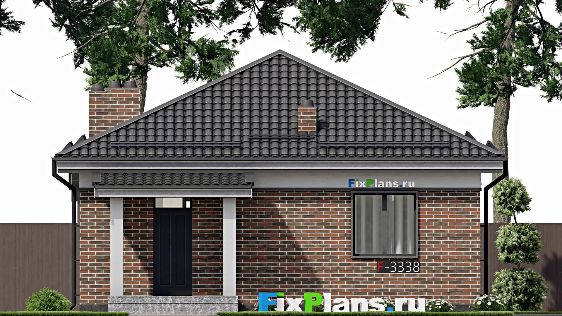 F-3338 - План одноэтажного дома 10 на 10, площадью 80 м² с террасой и 2 спальнями