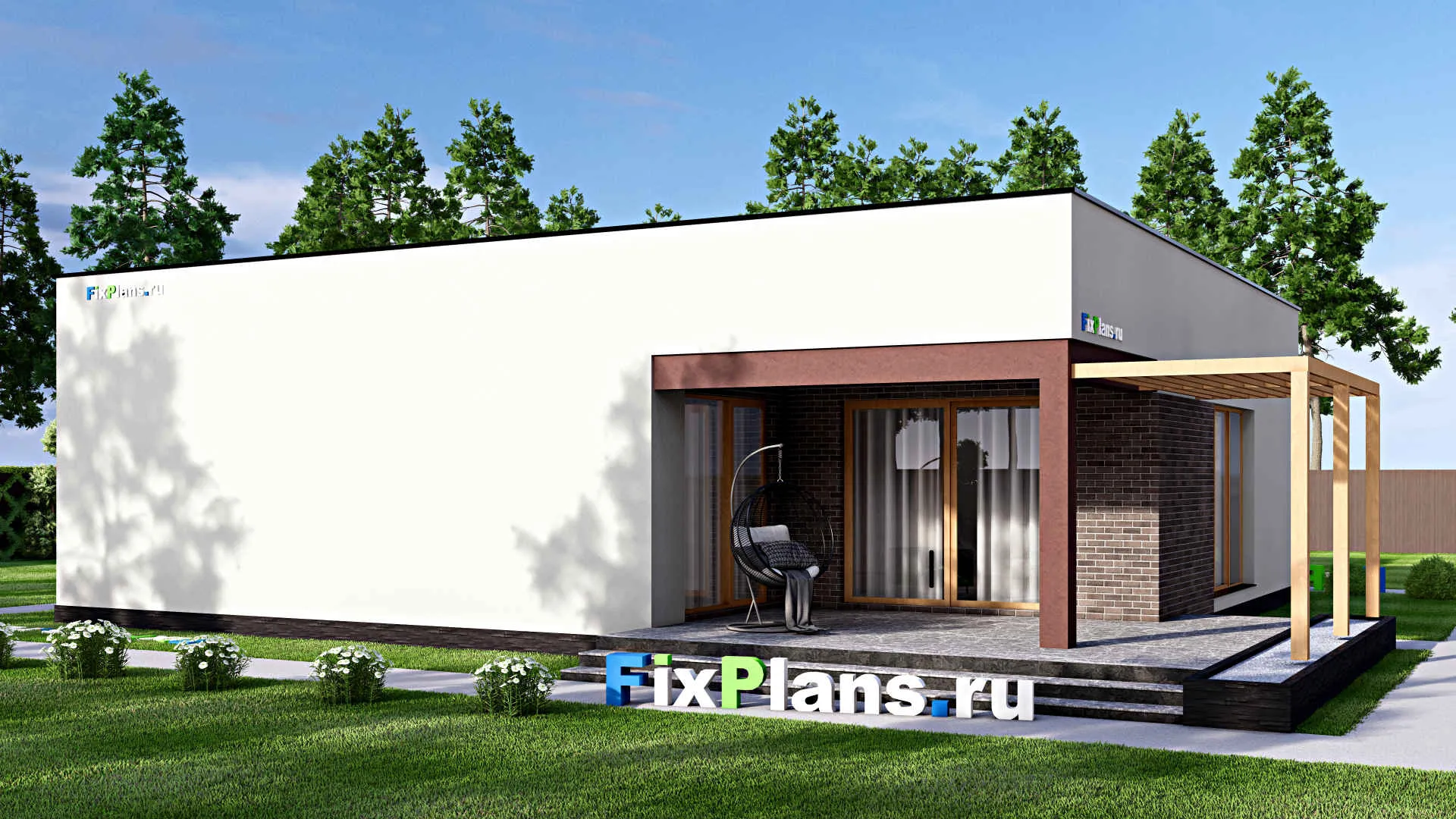 F-15920 - Проект одноэтажного дома 18 на 20, площадью 240 м² с террасой, гаражом на 2 машины и 3 спальнями