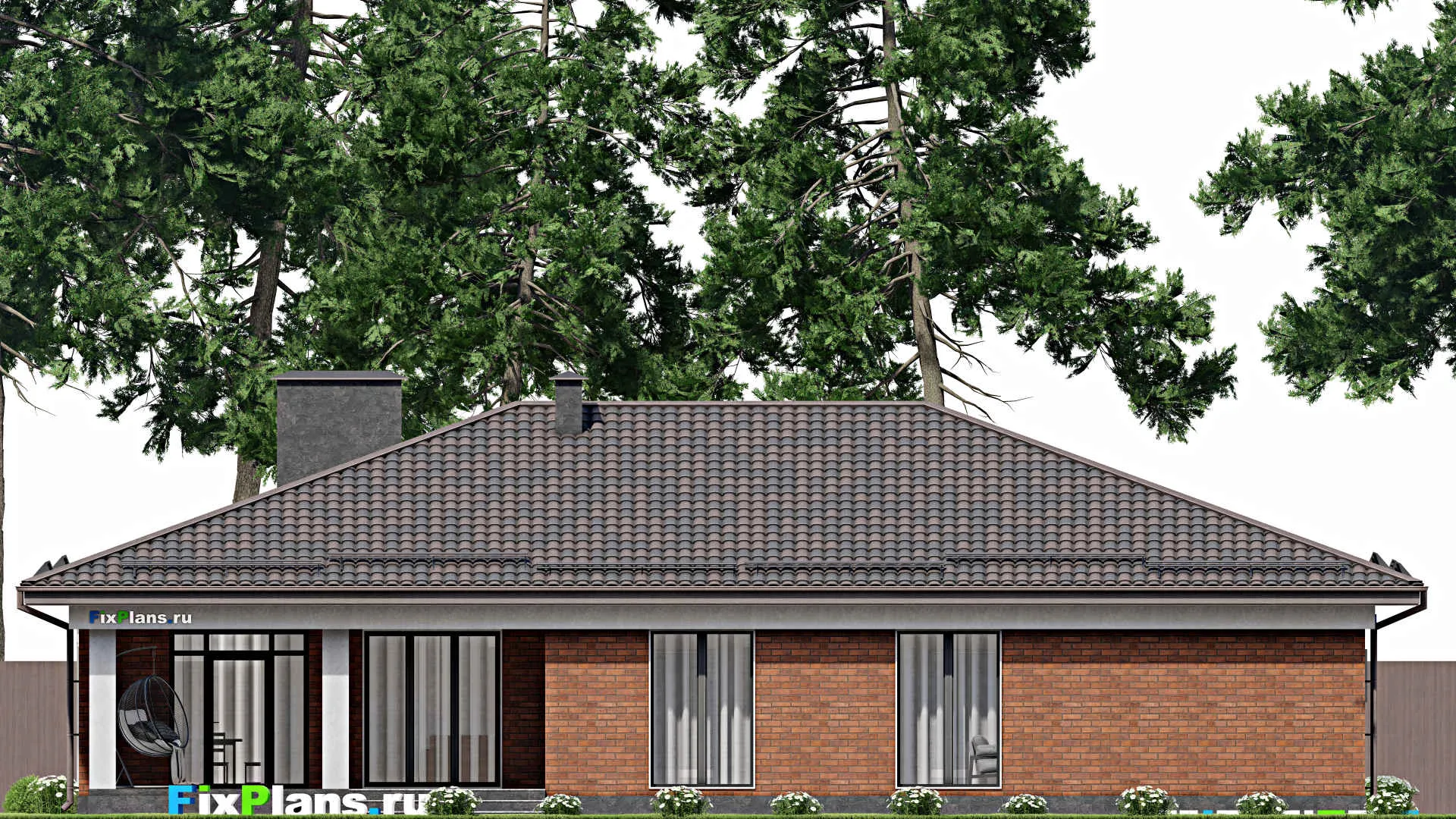 F-6947 - План одноэтажного дома 14 на 20, площадью 200 м² с террасой, гаражом на 2 машины и 3 спальнями