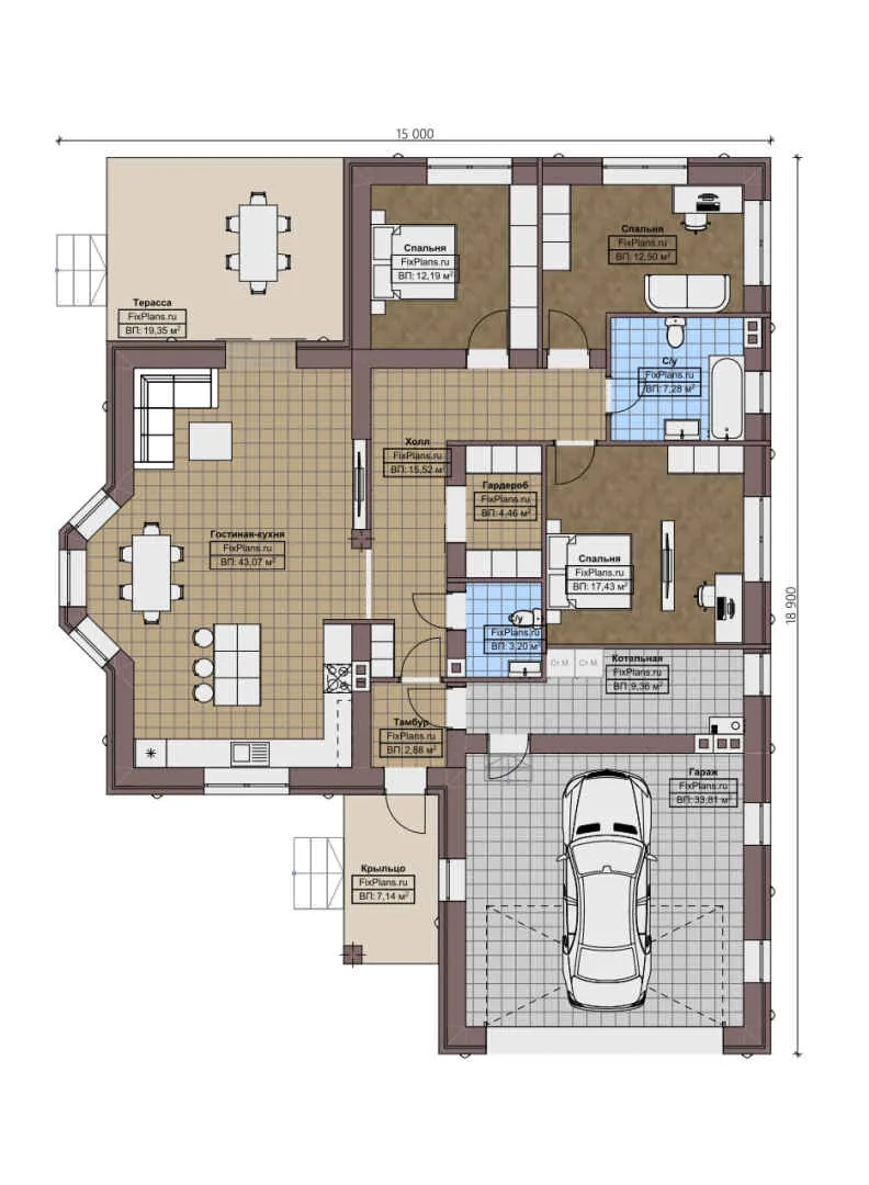F-1484 - План одноэтажного дома 15 на 19, площадью 190 м² с террасой, гаражом на 1 машину и 3 спальнями