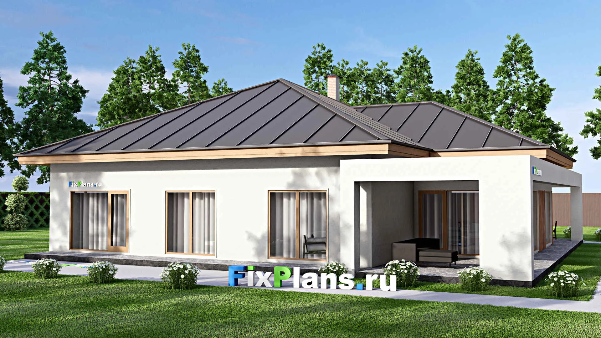 F-15938 - Проект одноэтажного дома 17 на 17, площадью 240 м² с террасой, гаражом на 2 машины и 3 спальнями