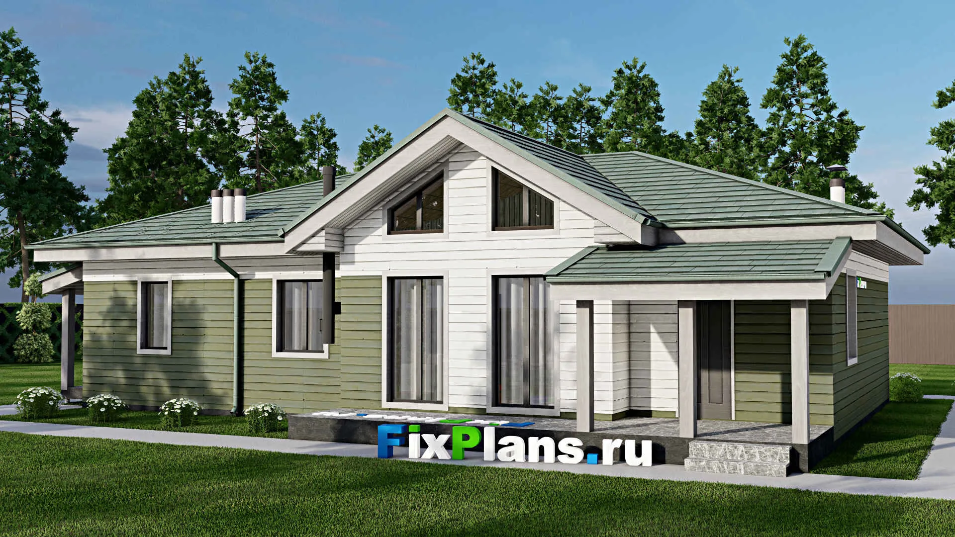 F-9791 - Проект одноэтажного дома 13 на 18, площадью 160 м² с террасой, гаражом на 1 машину и 2 спальнями