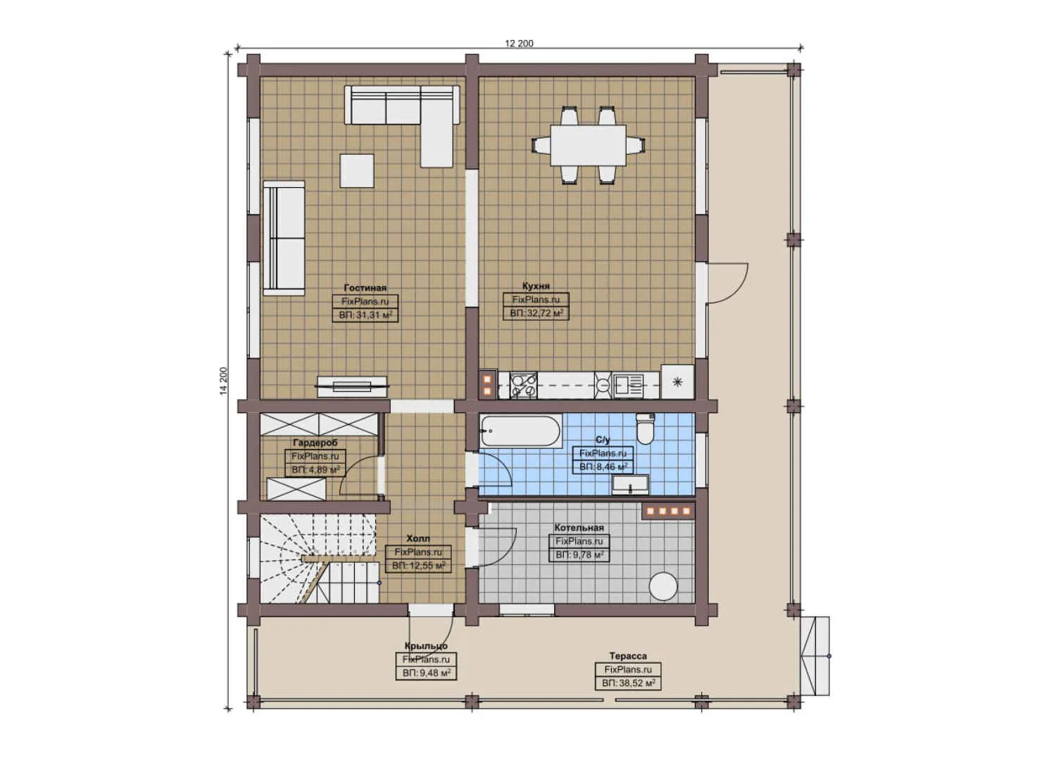 F-10268 - Планы дома с мансардой 13 на 15, площадью 270 м² с террасой и 3 спальнями