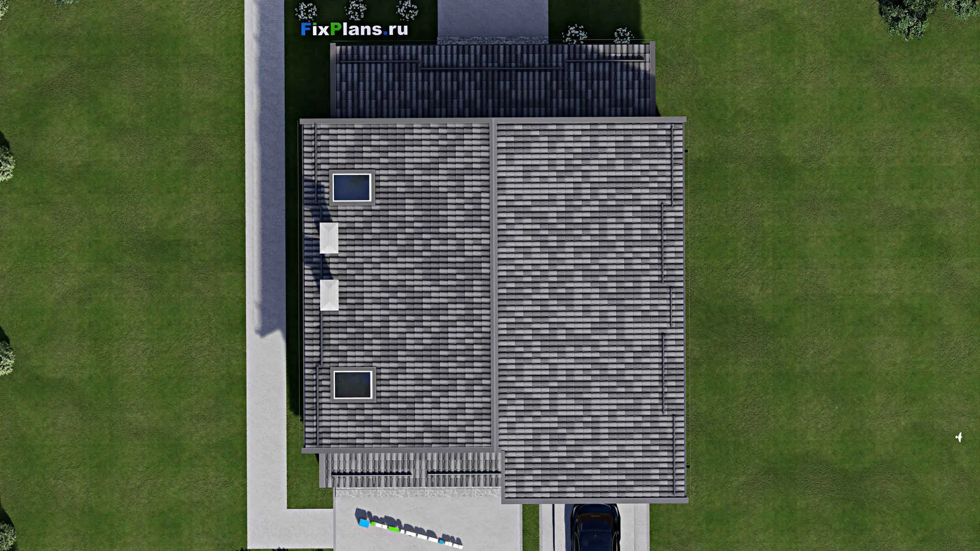 F-6497 - Проект дома с мансардой 14 на 14, площадью 250 м² с террасой, гаражом на 1 машину и 3 спальнями