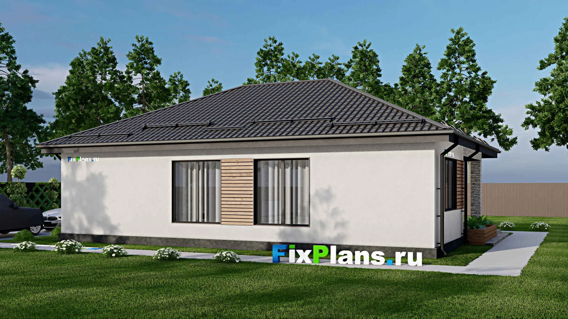 F-2357 - Проект одноэтажного дома 11 на 15, площадью 120 м² с террасой и 1 спальнями