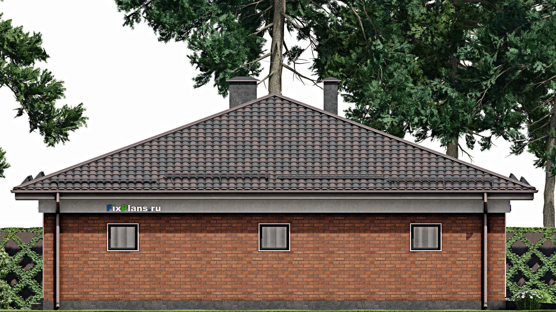 F-6947 - План одноэтажного дома 14 на 20, площадью 200 м² с террасой, гаражом на 2 машины и 3 спальнями