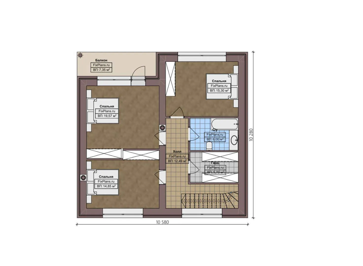 F-2627 - Планы дома с мансардой 11 на 14, площадью 190 м² с террасой, балконом, баней и 3 спальнями