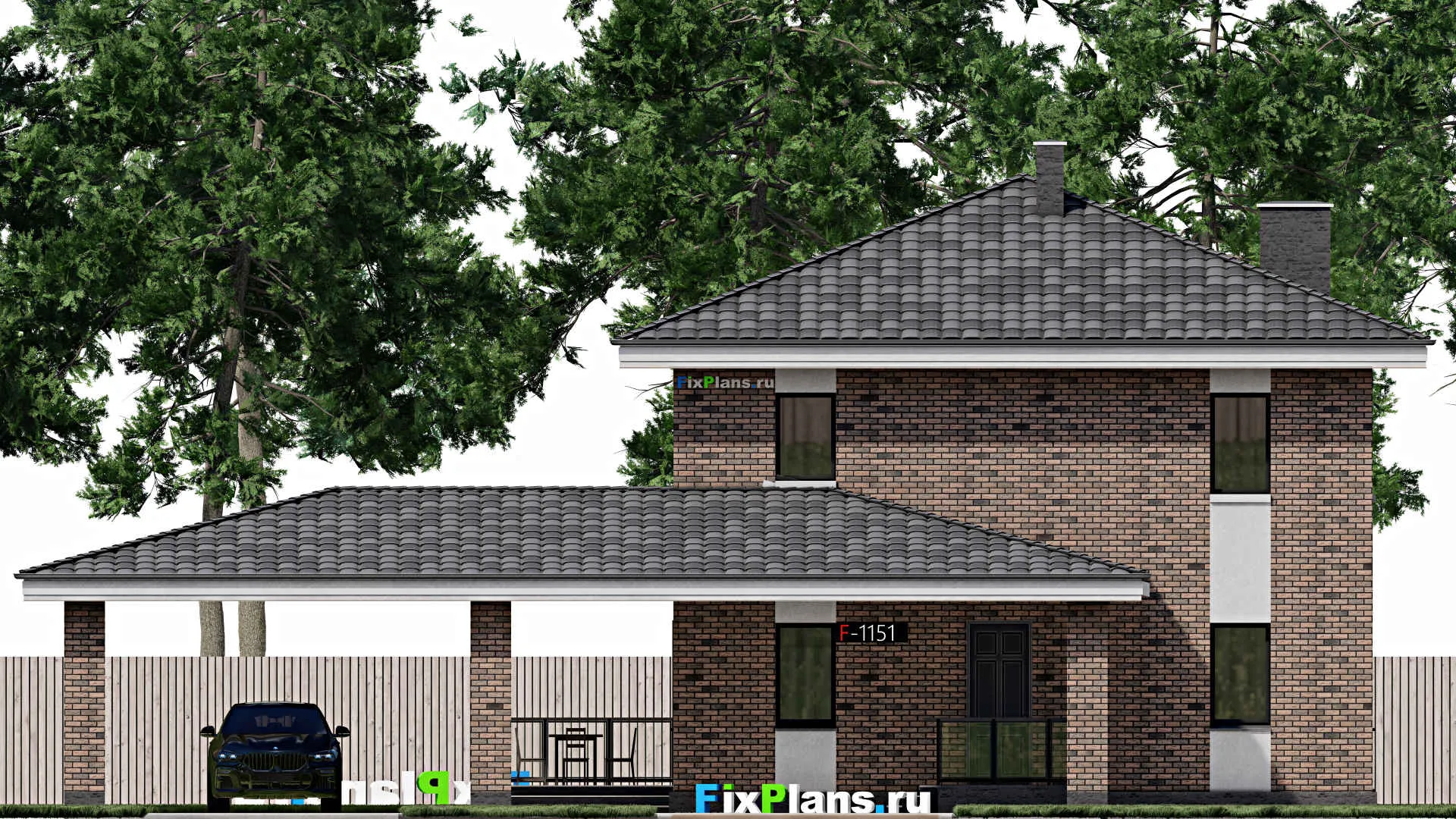 F-1151 - Проект двухэтажного дома 11 на 13, площадью 300 м² с террасой, гаражом на 1 машину и 4 спальнями