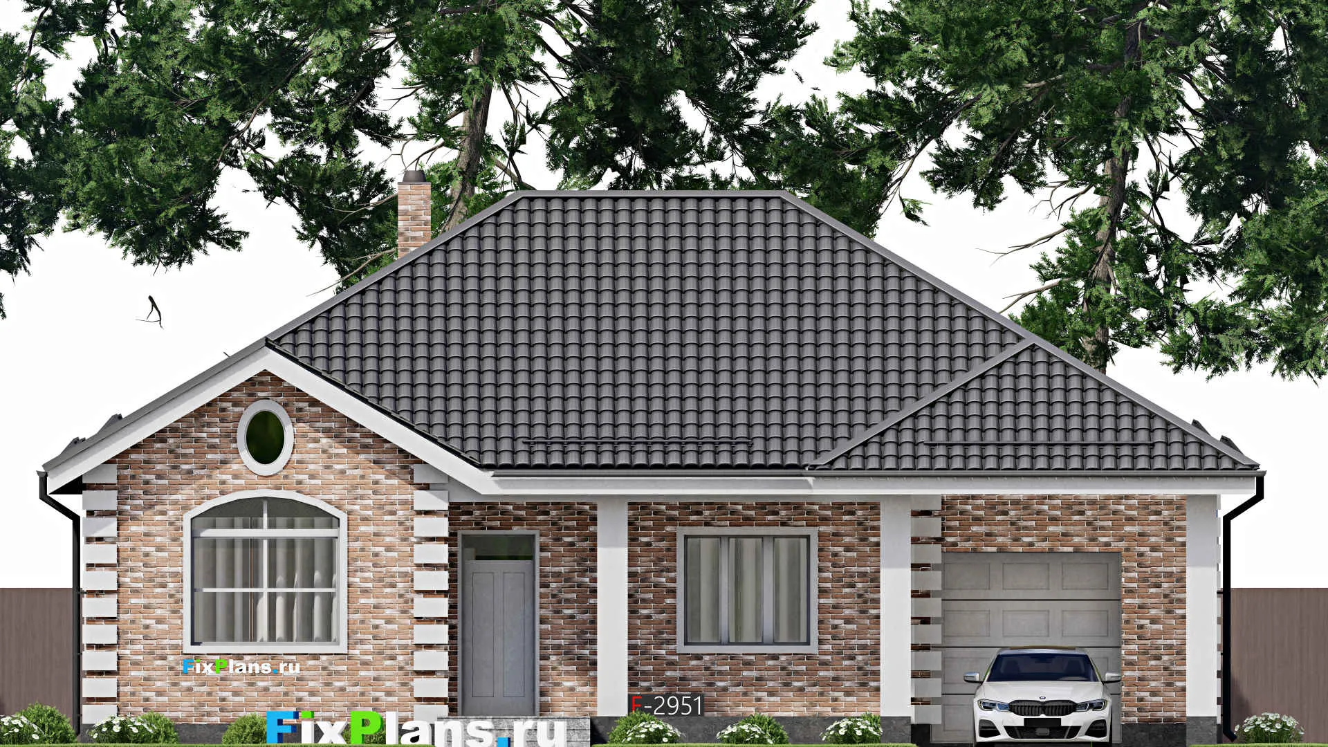 F-2951 - Проект одноэтажного дома 15 на 15, площадью 150 м² с террасой, гаражом на 1 машину и 3 спальнями