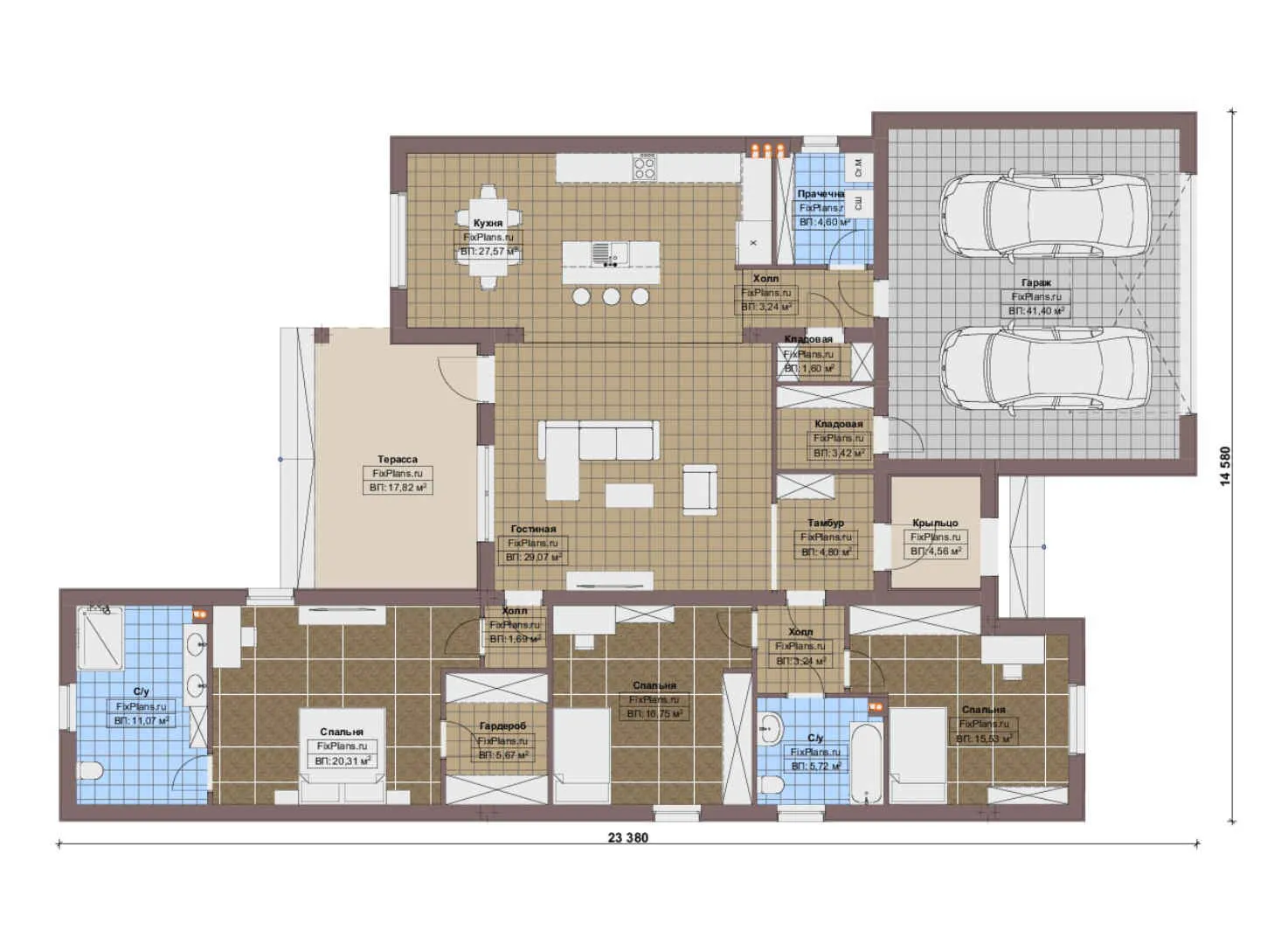 F-16811 - План одноэтажного дома 15 на 24, площадью 220 м² с террасой, гаражом на 2 машины и 3 спальнями