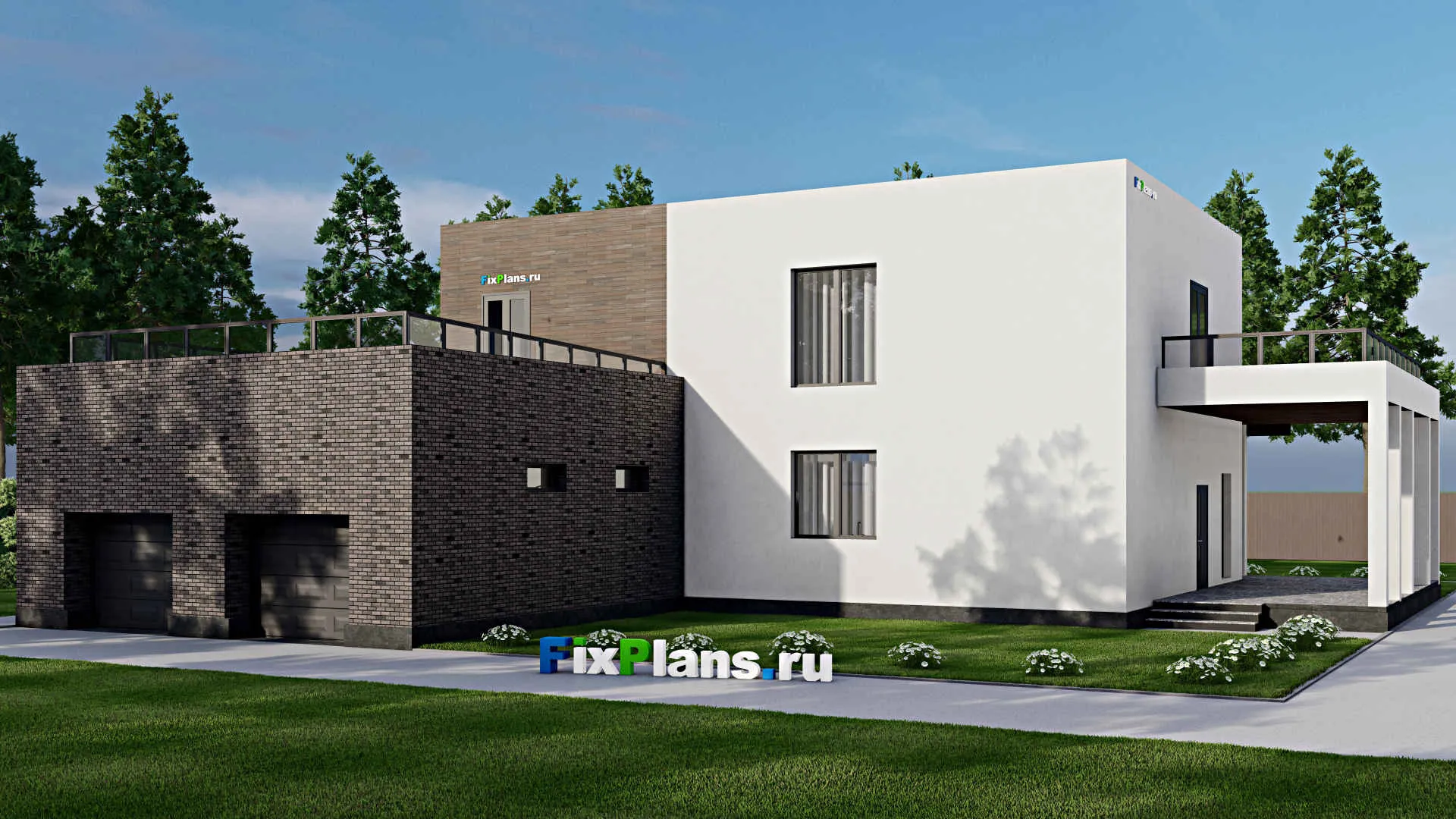 F-3572 - Проект двухэтажного дома 21 на 22, площадью 450 м² с террасой, баней, гаражом на 2 машины и 3 спальнями