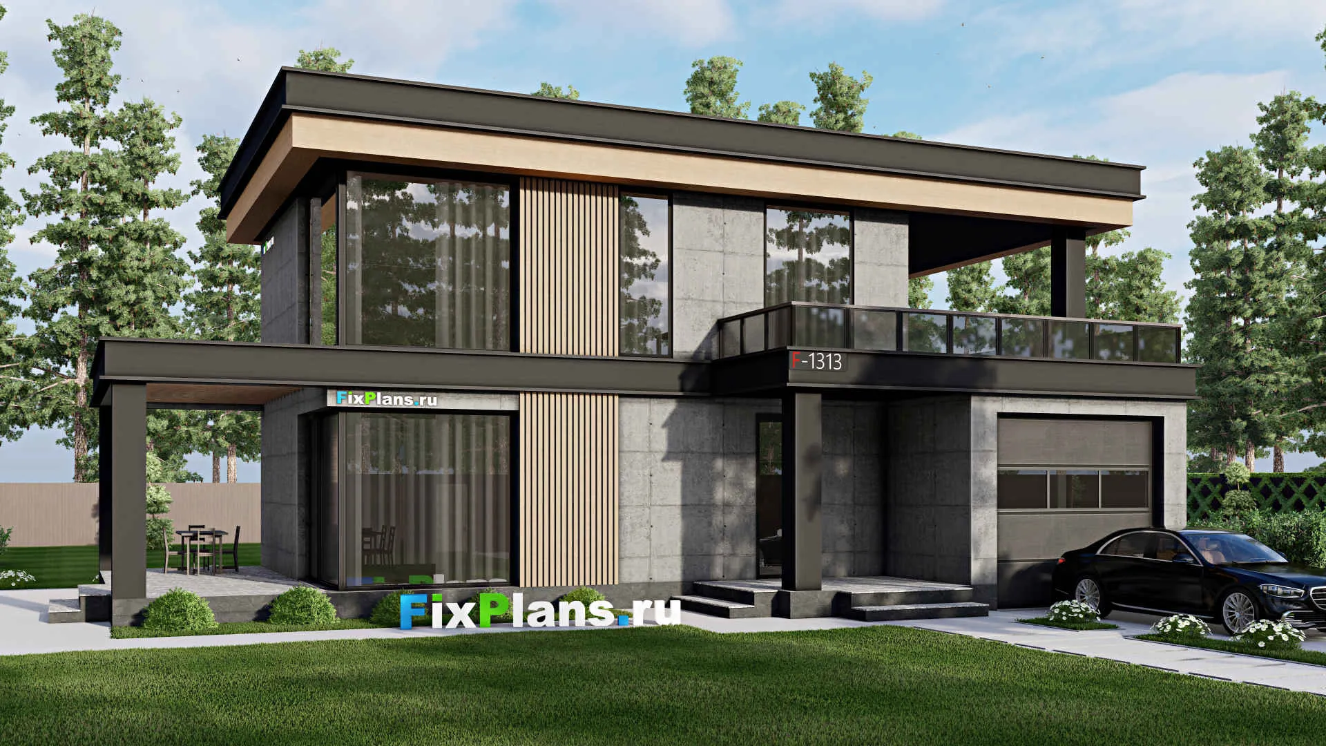 F-1313 - Проект двухэтажного дома 11 на 15, площадью 230 м² с террасой, балконом, гаражом на 1 машину и 3 спальнями