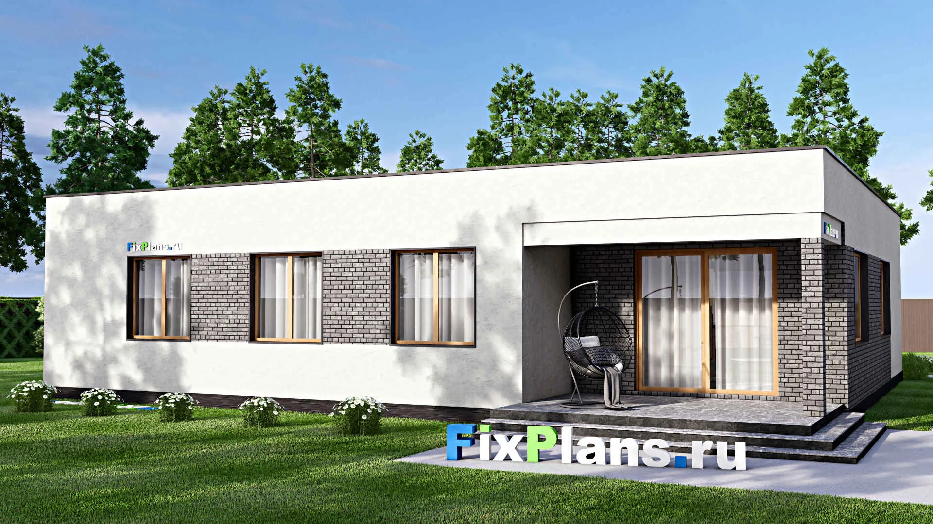 F-16082 - Проект одноэтажного дома 16 на 17, площадью 220 м² с террасой, гаражом на 1 машину и 4 спальнями