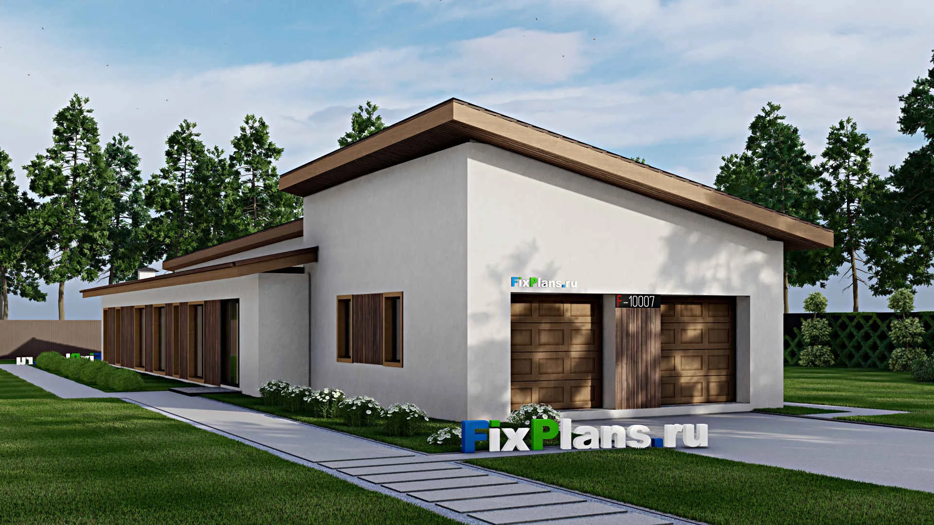 F-10007 - Проект одноэтажного дома 11 на 35, площадью 220 м² с баней, гаражом на 2 машины и 4 спальнями