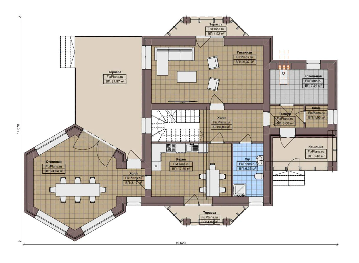 F-9404 - Планы дома с мансардой 15 на 20, площадью 240 м² с террасой, балконом и 3 спальнями