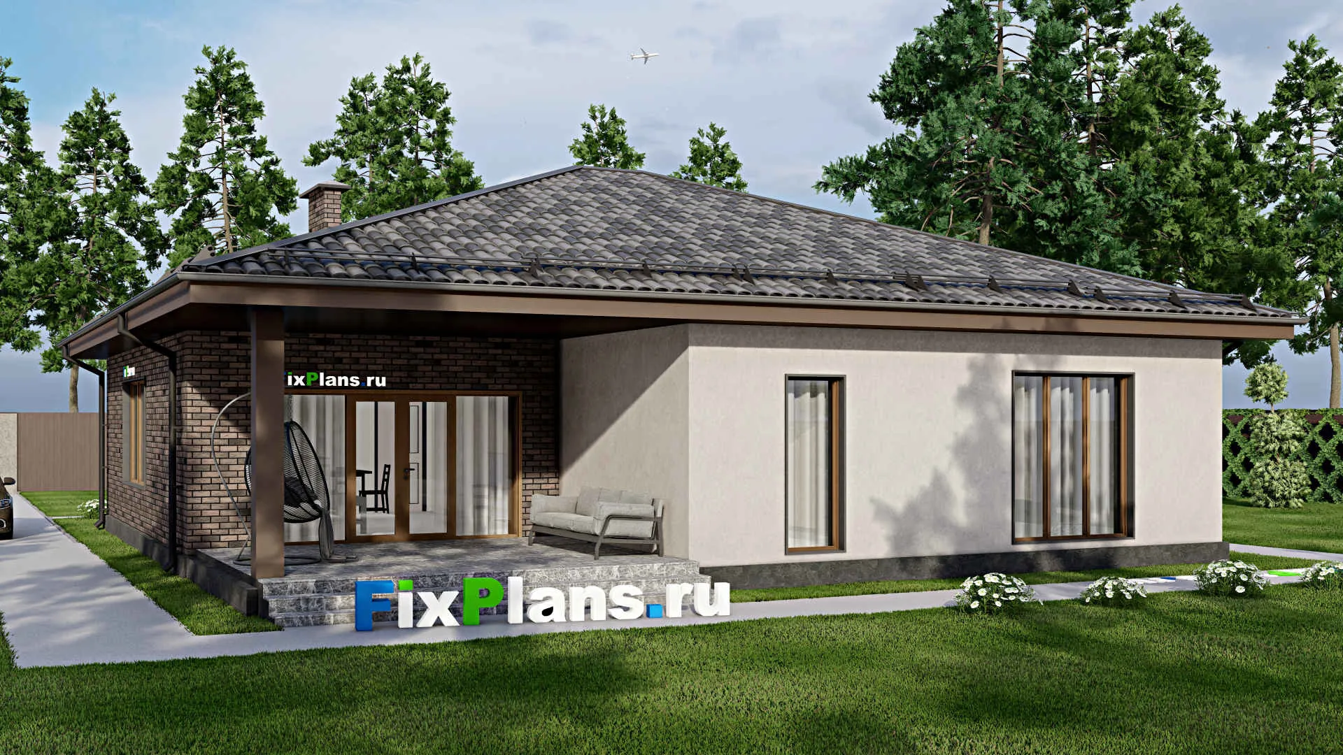 F-7991 - Проект одноэтажного дома 15 на 15, площадью 170 м² с террасой и 3 спальнями