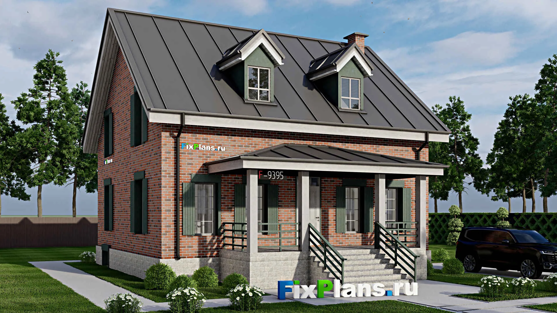 F-9395 - Проект дома с мансардой 11 на 13, площадью 240 м² с цокольным этажом, баней и 5 спальнями