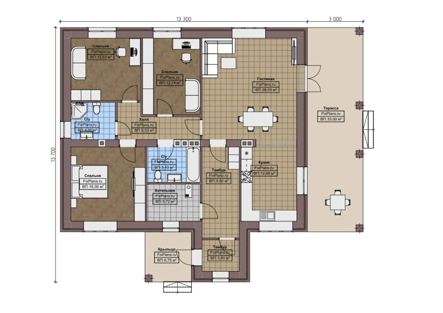 F-1628 - План одноэтажного дома 14 на 14, площадью 160 м² с террасой и 3 спальнями