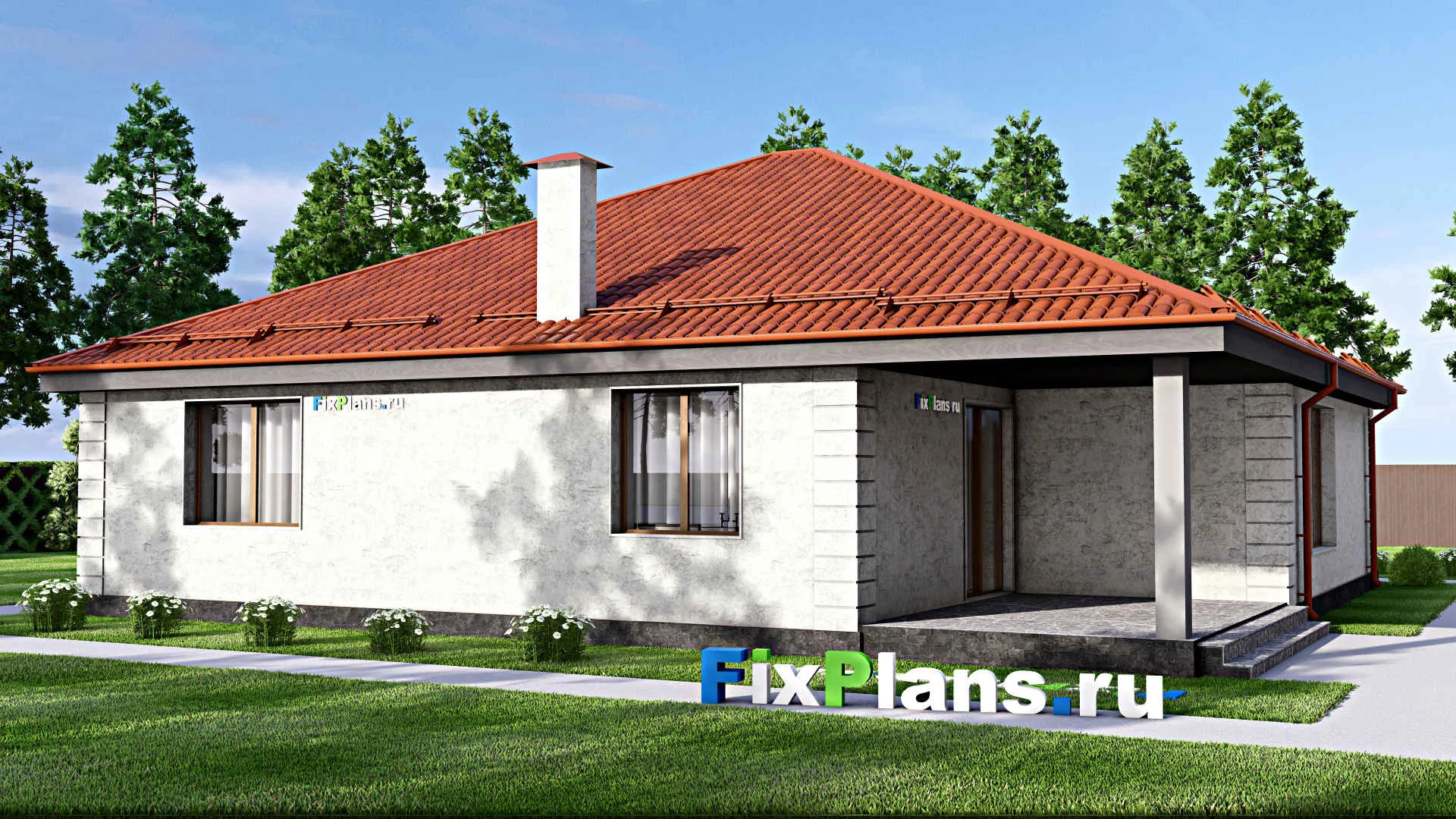 F-14615 - План одноэтажного дома 16 на 17, площадью 200 м² с террасой и 3 спальнями