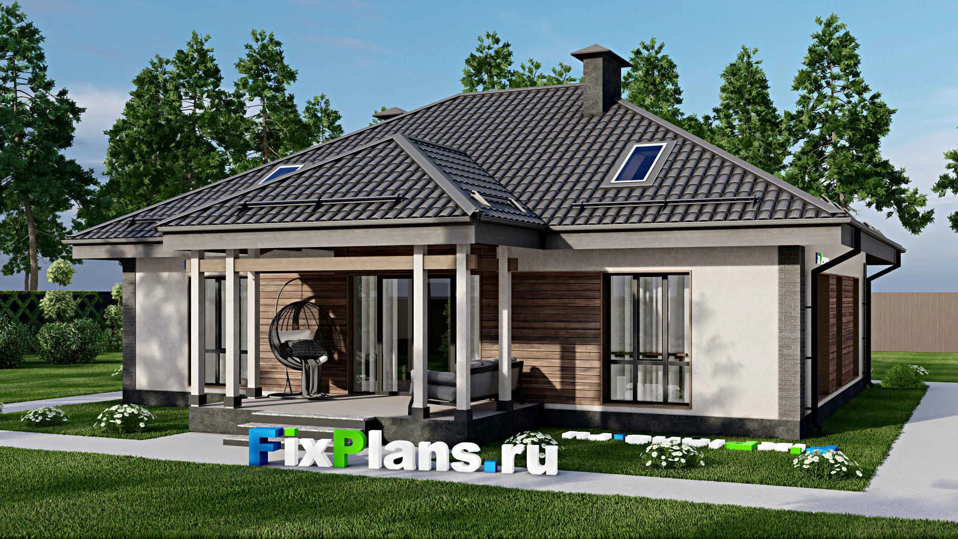 F-5525 - Проект одноэтажного дома 11 на 14, площадью 130 м² с террасой и 3 спальнями