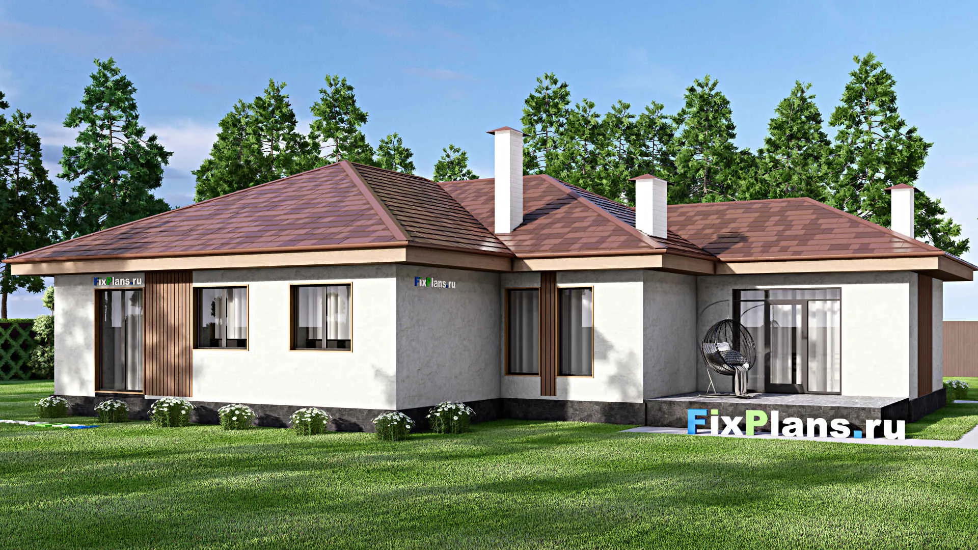 F-13769 - План одноэтажного дома 14 на 20, площадью 160 м² с гаражом на 1 машину и 3 спальнями