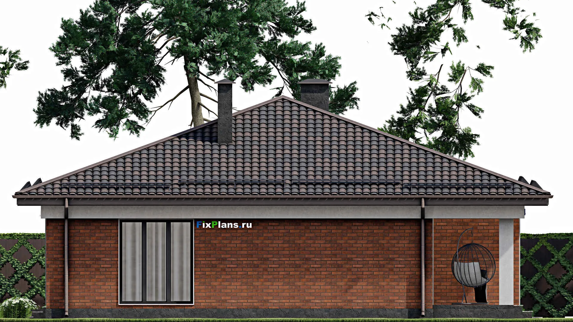 F-6947 - План одноэтажного дома 14 на 20, площадью 200 м² с террасой, гаражом на 2 машины и 3 спальнями