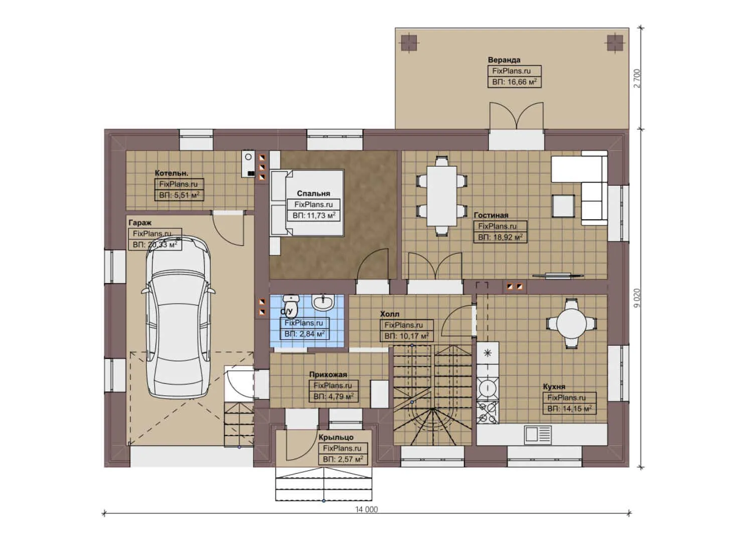 F-0593 - Планы двухэтажного дома 10 на 14, площадью 170 м² с террасой, гаражом на 1 машину и 5 спальнями