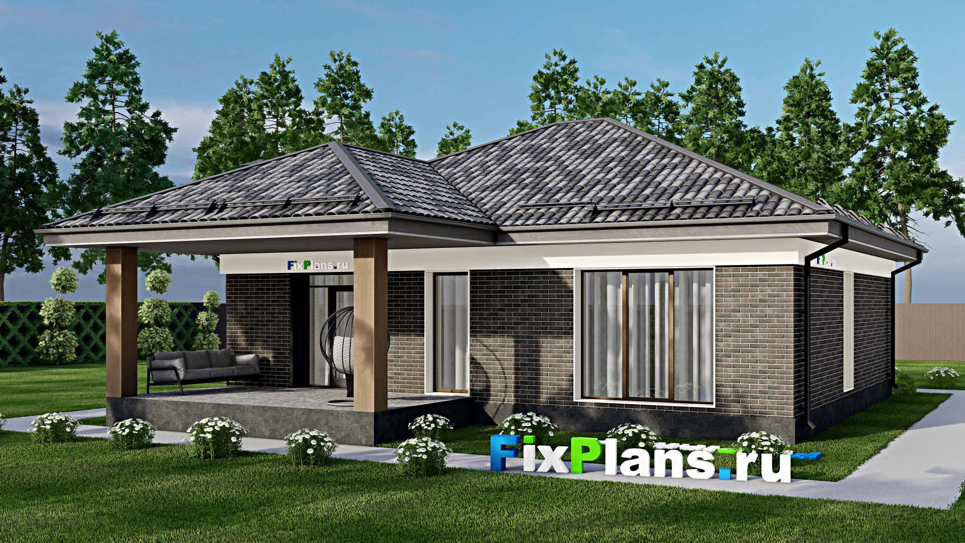 F-6965 - Проект одноэтажного дома 11 на 13, площадью 130 м² с террасой и 2 спальнями