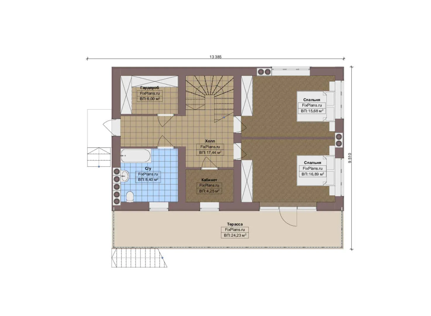 F-3527 - План одноэтажного дома 10 на 14, площадью 210 м² с террасой, цокольным этажом, баней и 2 спальнями