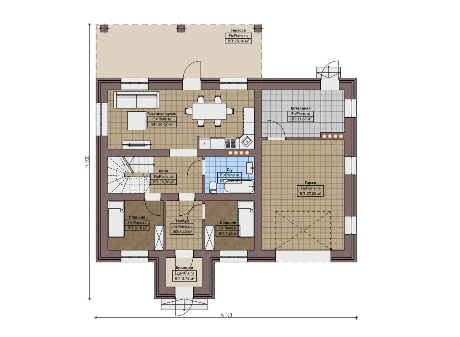 F-9152 - Планы двухэтажного дома 15 на 15, площадью 200 м² с террасой, балконом, гаражом на 1 машину и 6 спальнями