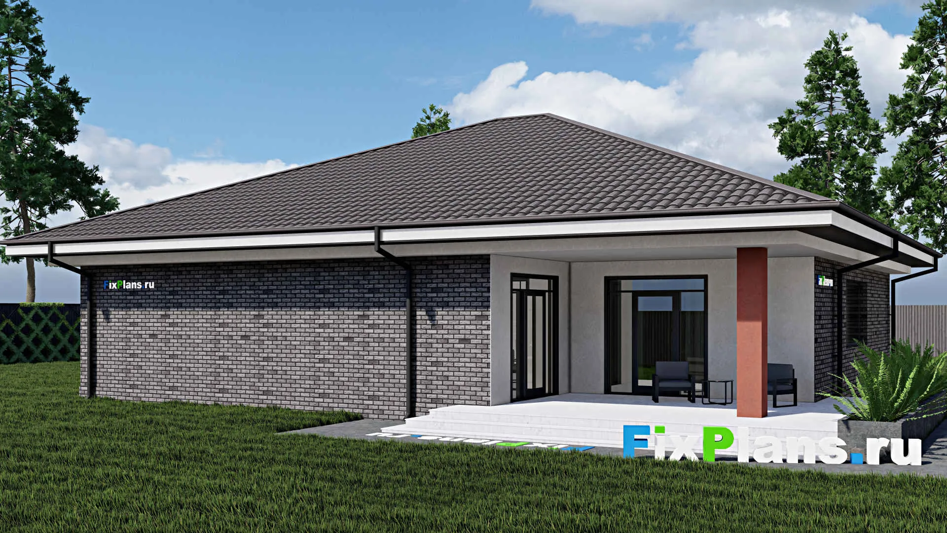 F-0647 - Проект одноэтажного дома 16 на 21, площадью 230 м² с террасой, гаражом на 2 машины и 3 спальнями