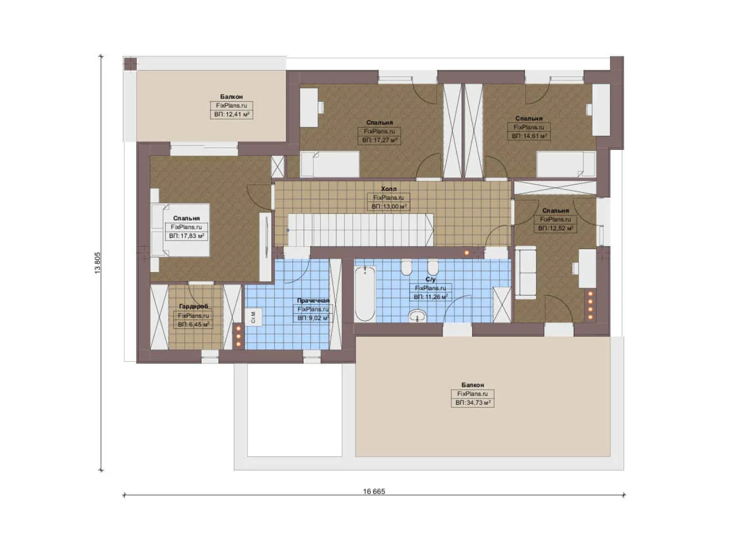 F-16163 - Планы двухэтажного дома 15 на 17, площадью 320 м² с террасой, балконом, гаражом на 2 машины и 4 спальнями