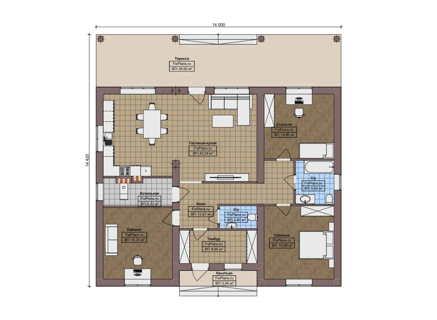 F-10628 - План одноэтажного дома 14 на 15, площадью 170 м² с террасой и 2 спальнями