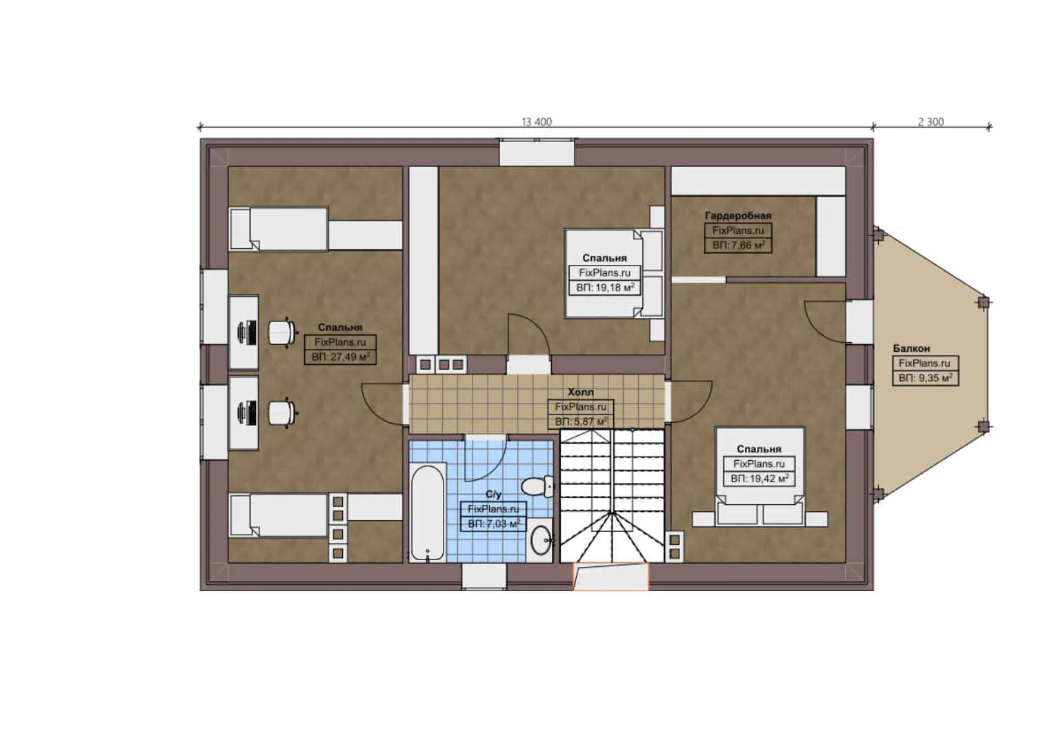 F-1241 - Планы дома с мансардой 9 на 16, площадью 220 м² с террасой, балконом и 4 спальнями
