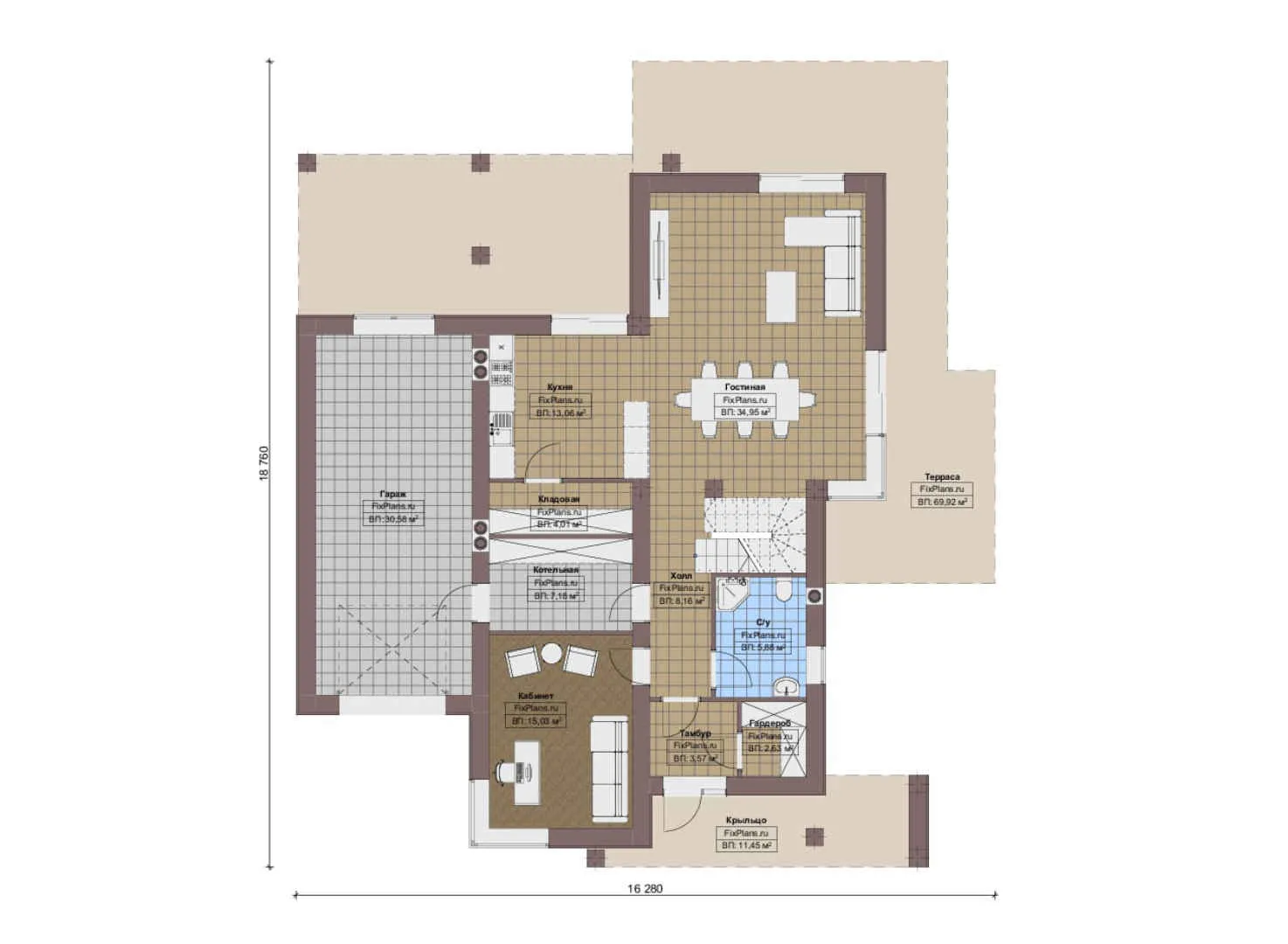 F-15812 - Планы дома с мансардой 17 на 19, площадью 300 м² с террасой, балконом, гаражом на 1 машину и 3 спальнями