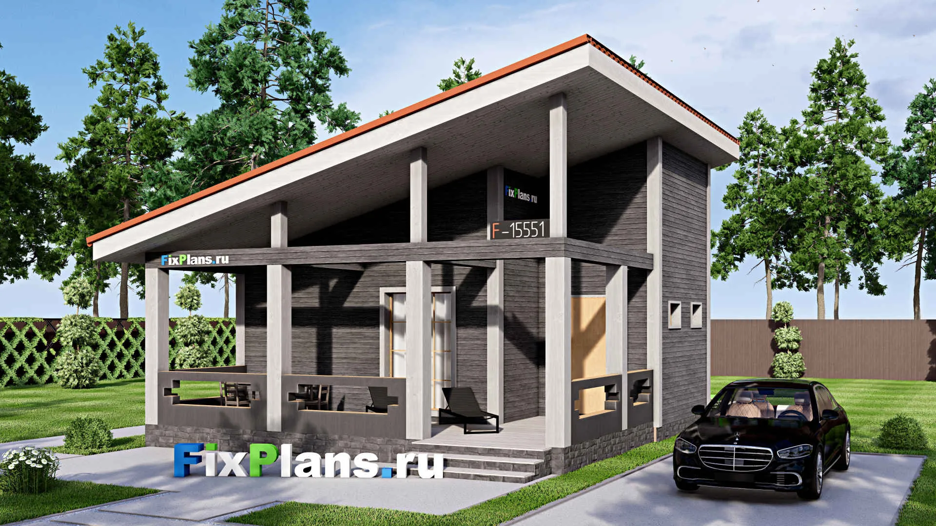 F-15551 - Проект бани 9 на 9, площадью 70 м² с комнатой отдыха, терассой и санузлом