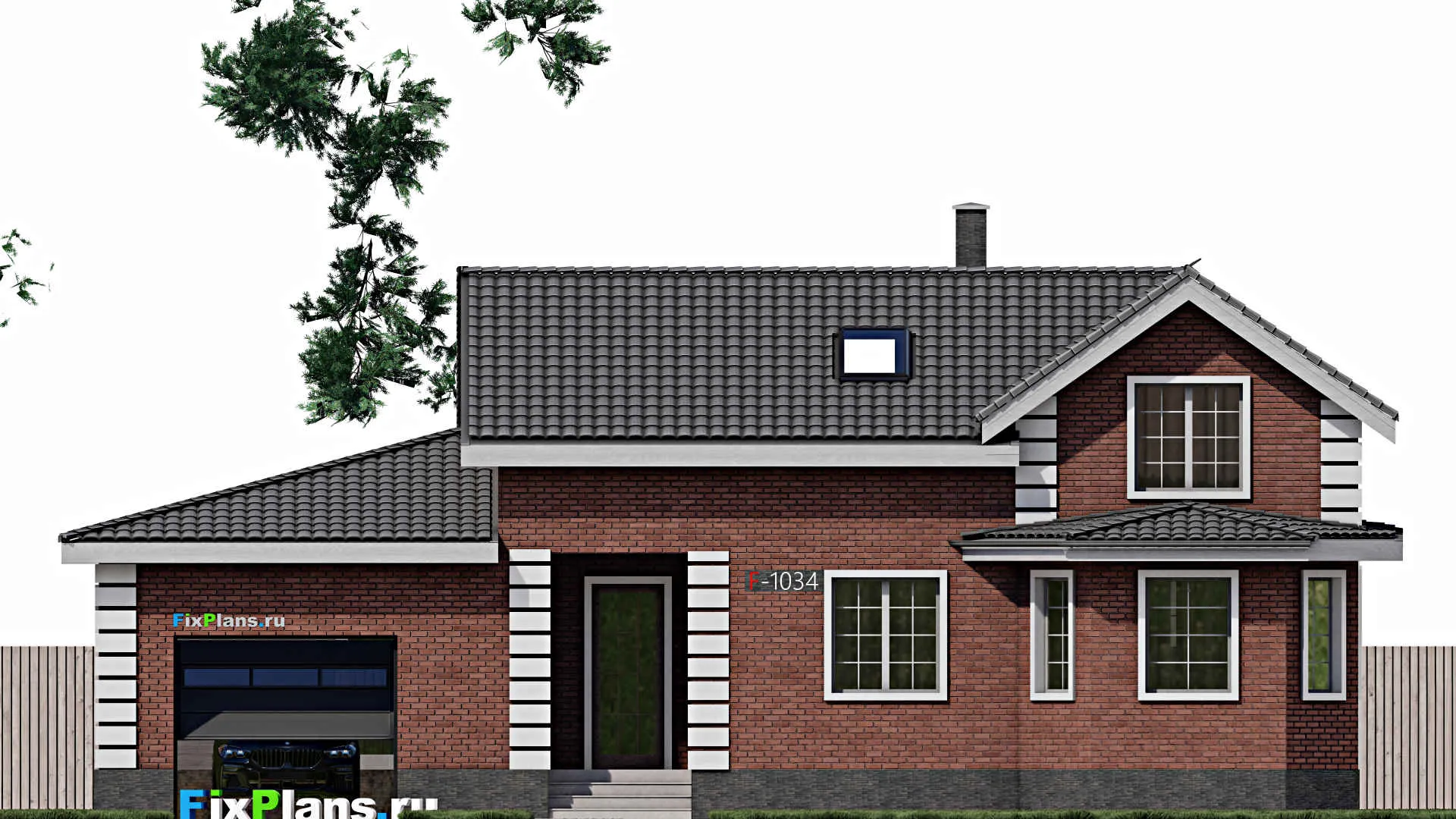 F-1034 - Планы дома с мансардой 12 на 17, площадью 240 м² с террасой, гаражом на 2 машины и 3 спальнями