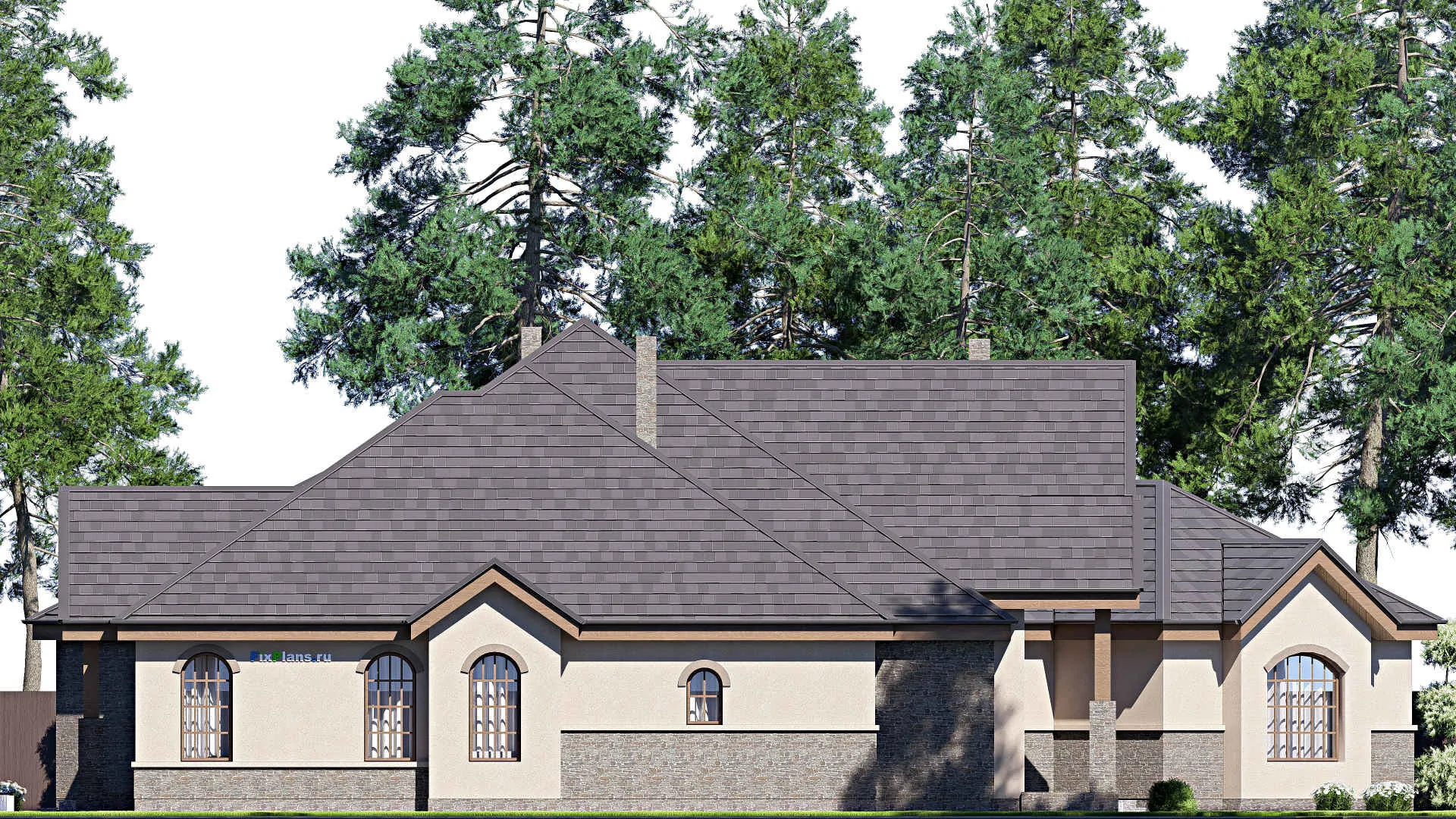 F-17216 - План одноэтажного дома 26 на 35, площадью 460 м² с террасой, гаражом на 2 машины и 3 спальнями