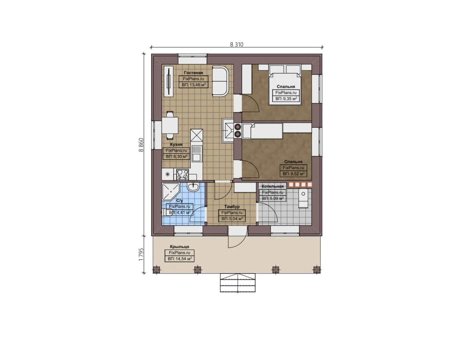 F-2690 - План одноэтажного дома 9 на 9, площадью 70 м² с 2 спальнями