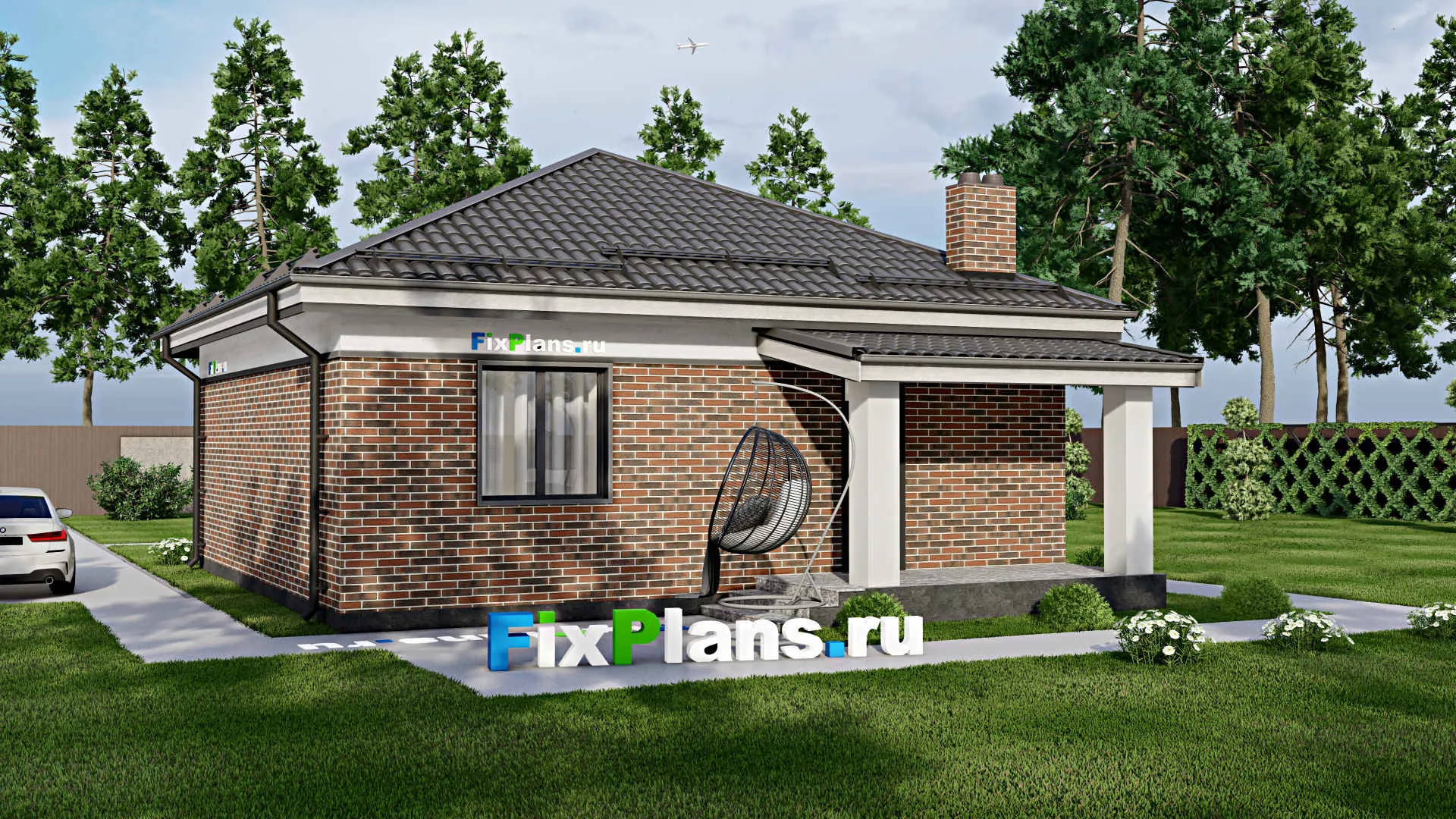 F-3338 - План одноэтажного дома 10 на 10, площадью 80 м² с террасой и 2 спальнями