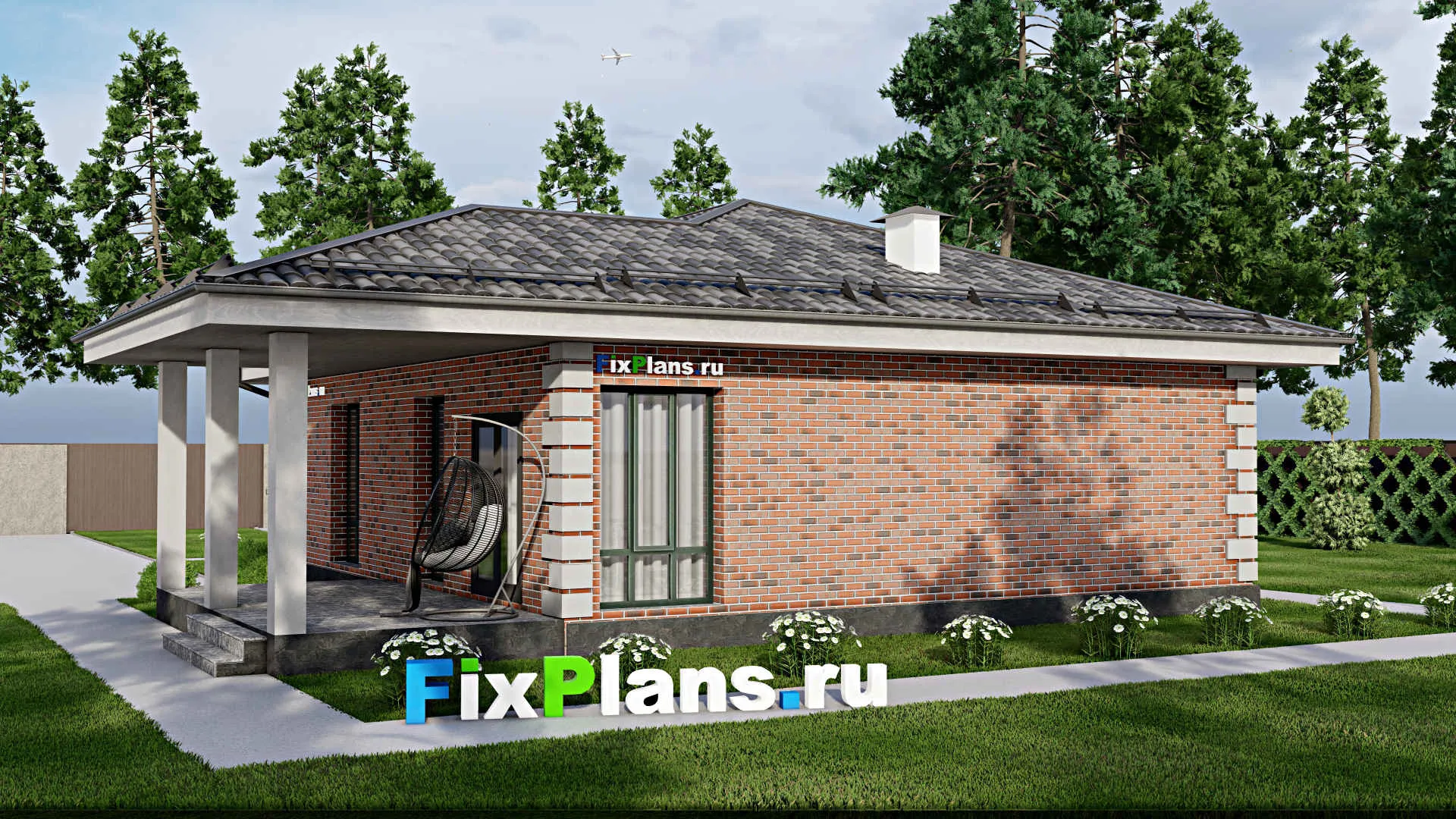 F-8828 - Проект одноэтажного дома 13 на 14, площадью 120 м² с террасой и 3 спальнями