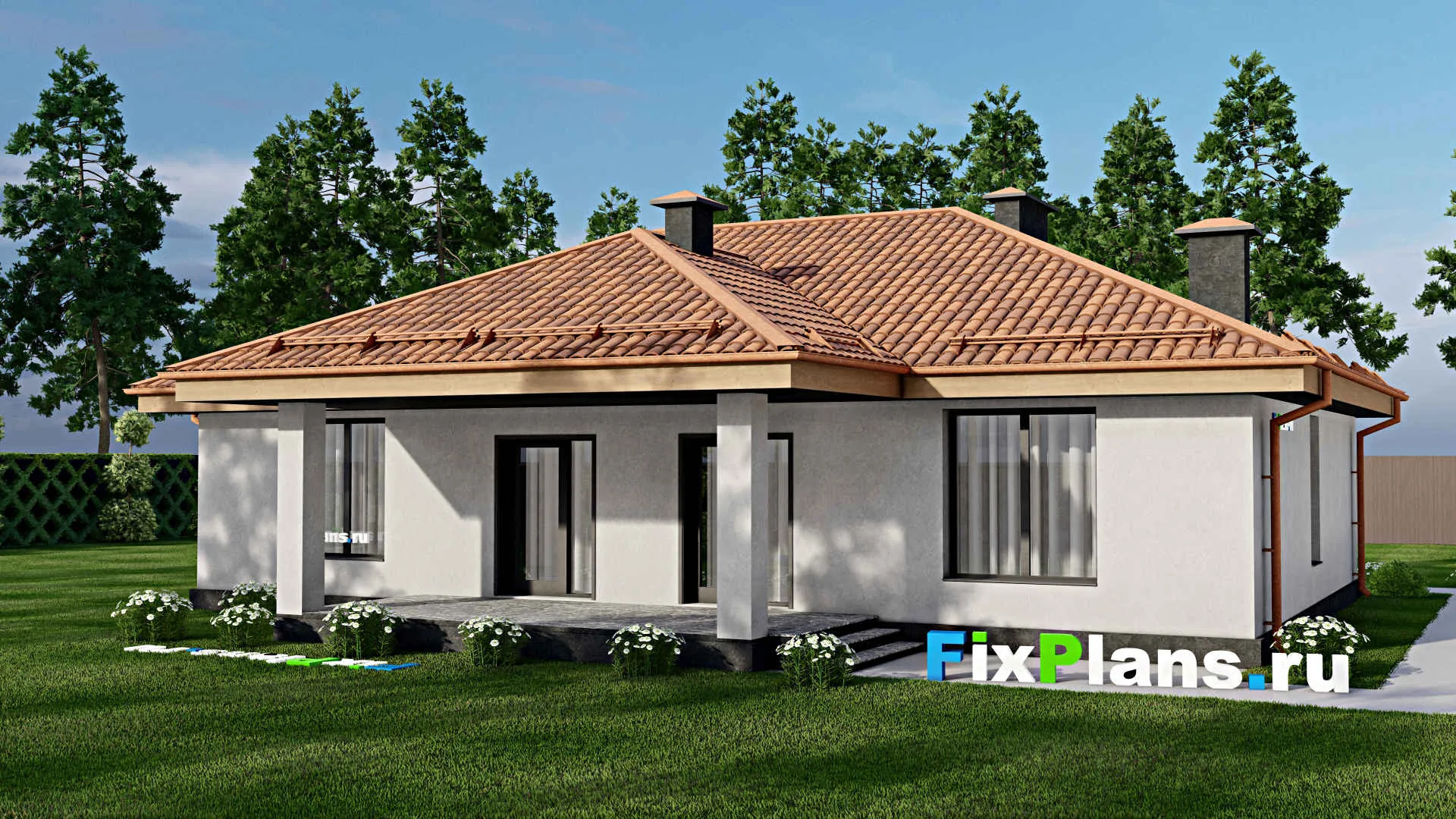 F-11078 - Проект одноэтажного дома 15 на 16, площадью 140 м² с террасой и 3 спальнями