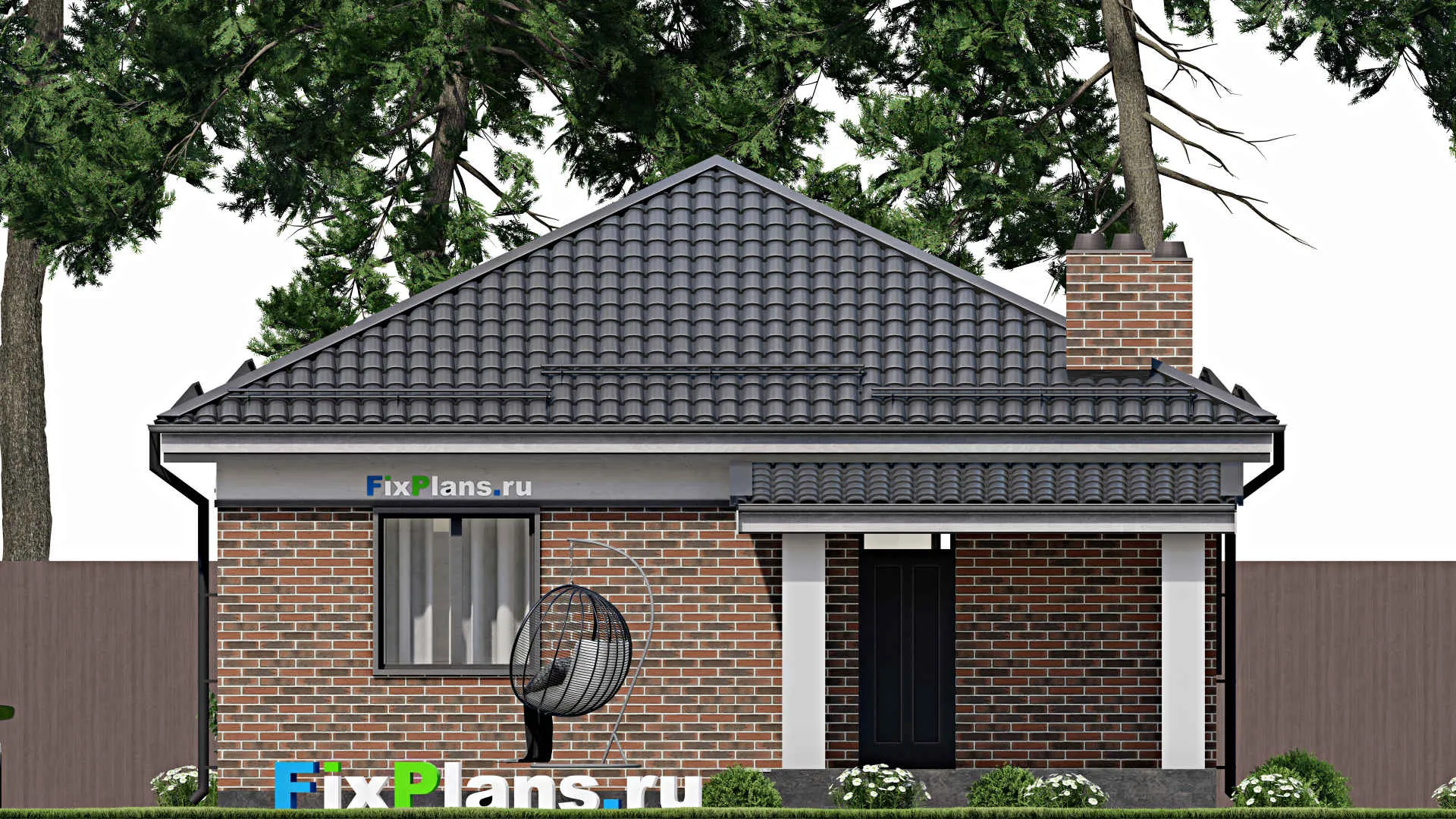 F-3338 - План одноэтажного дома 10 на 10, площадью 80 м² с террасой и 2 спальнями